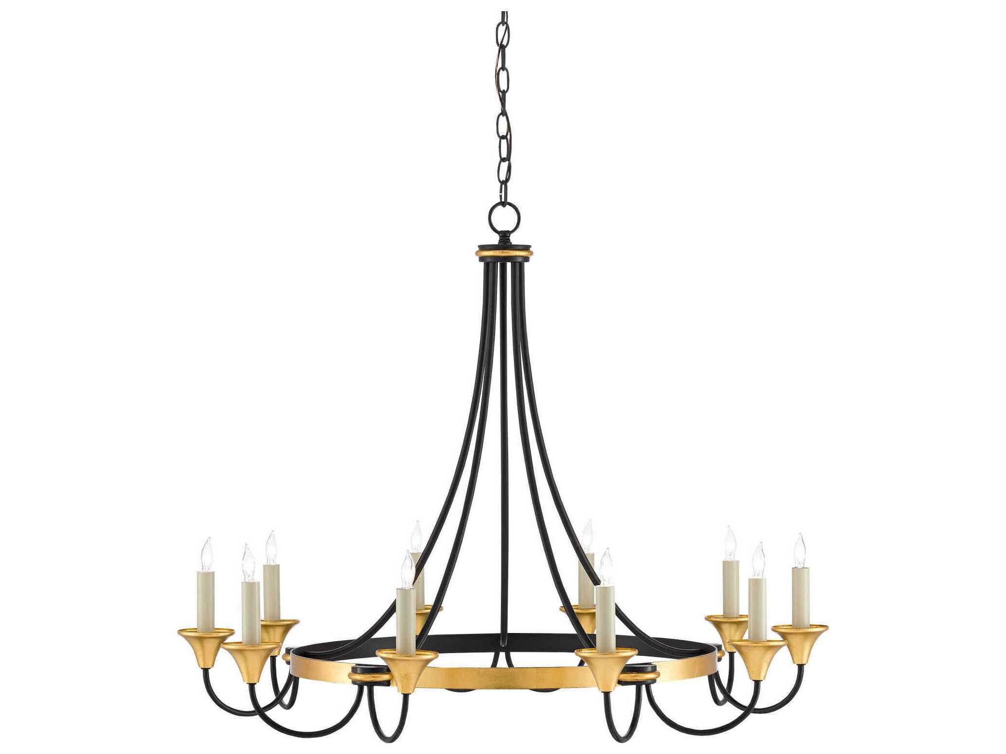 Currey & Company Hanlon 10-Light Washed Black Contemporary Gold Leaf Candelabra Round Chandelier