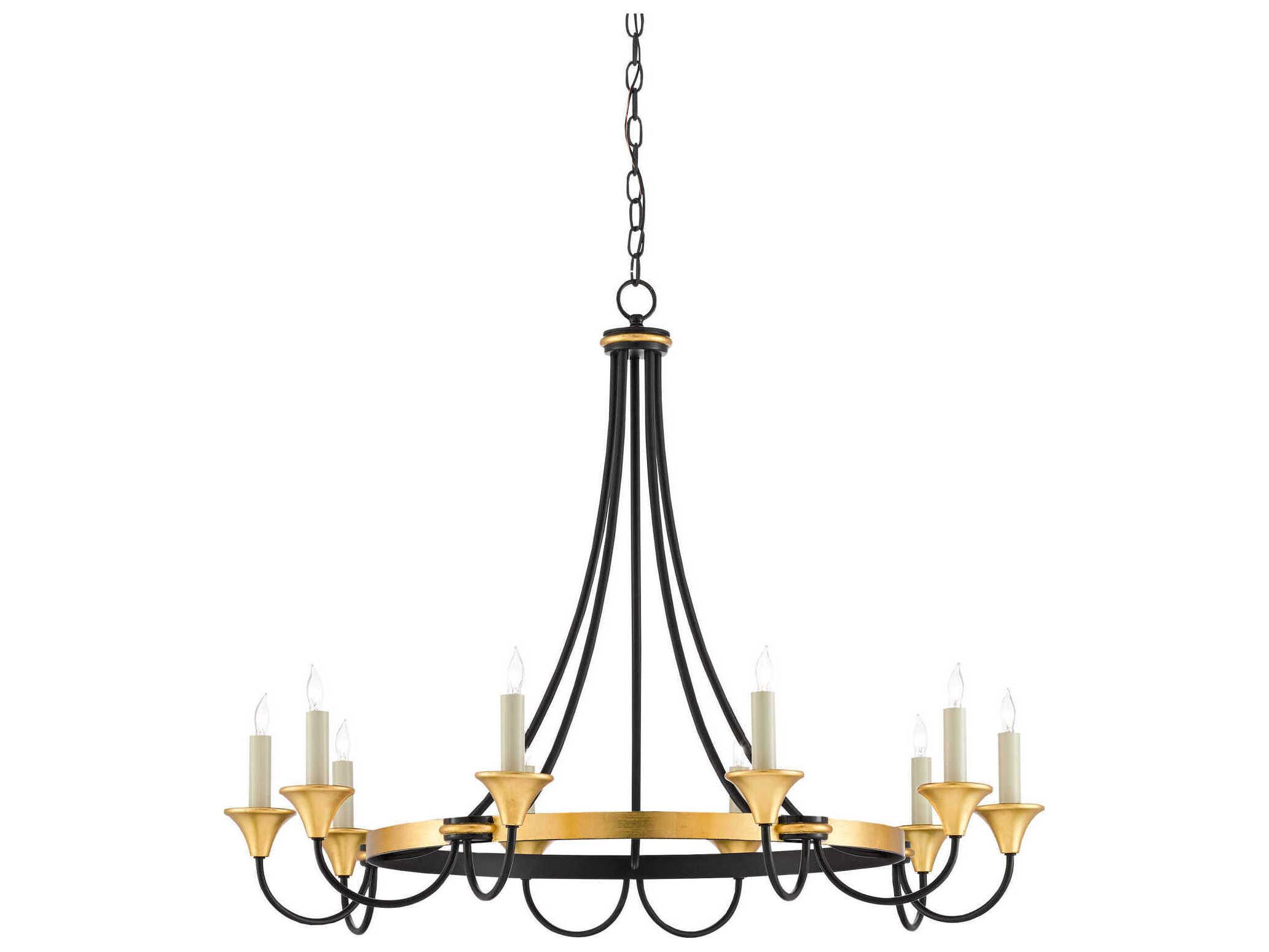 Currey & Company Hanlon 10-Light Washed Black Contemporary Gold Leaf Candelabra Round Chandelier