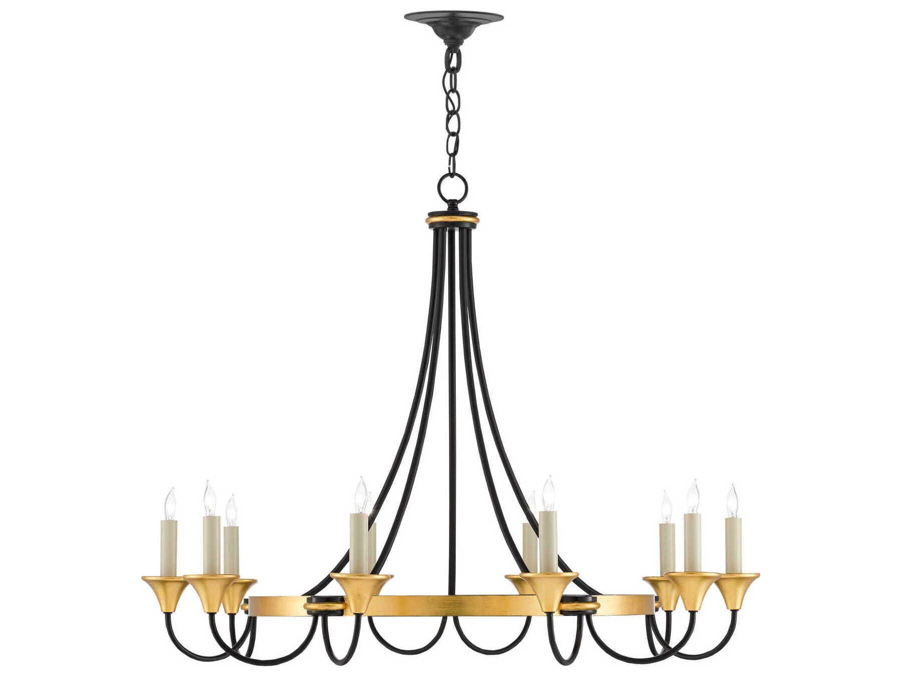 Currey & Company Hanlon 10-Light Washed Black Contemporary Gold Leaf Candelabra Round Chandelier