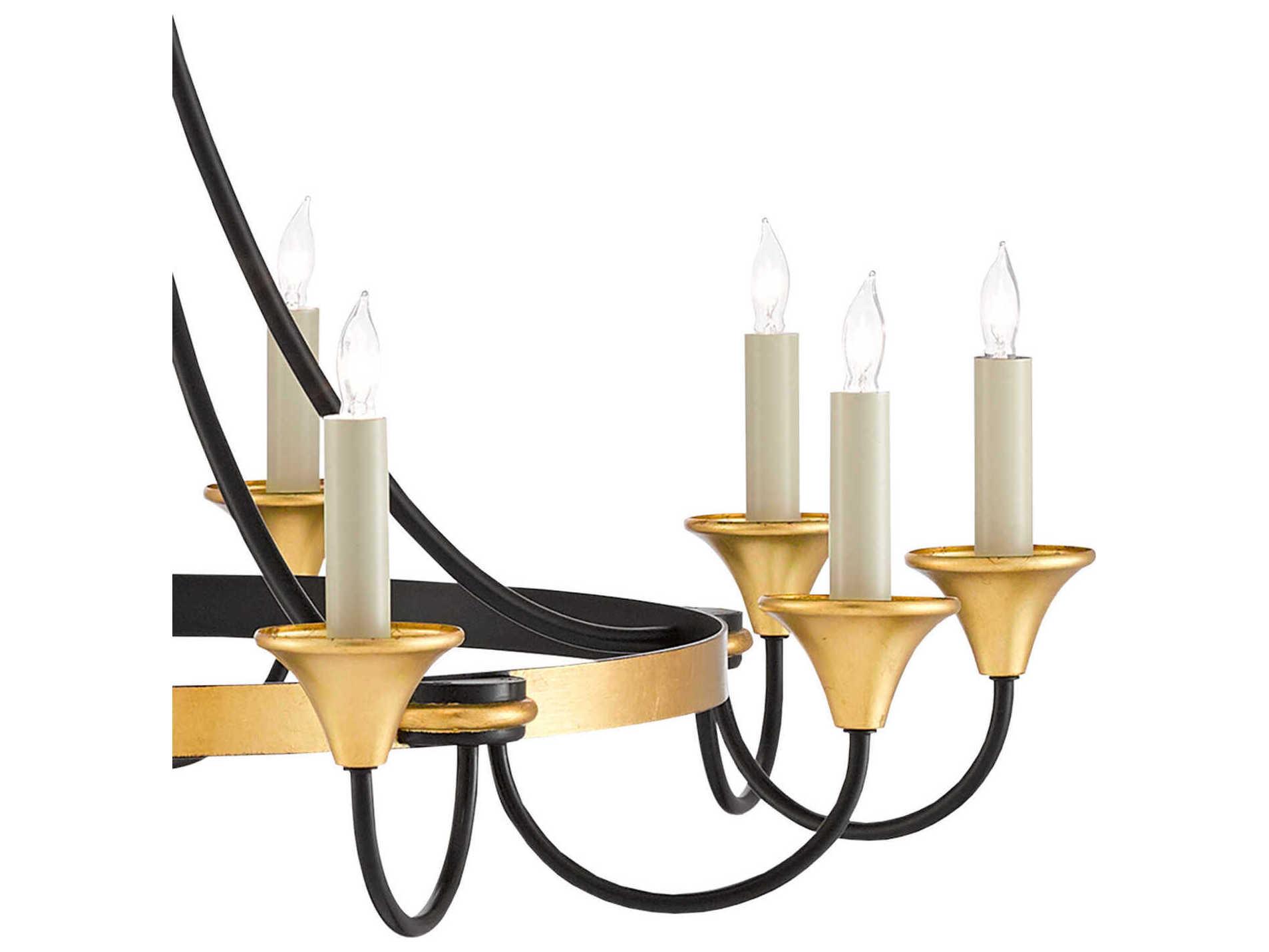 Currey & Company Hanlon 10-Light Washed Black Contemporary Gold Leaf Candelabra Round Chandelier