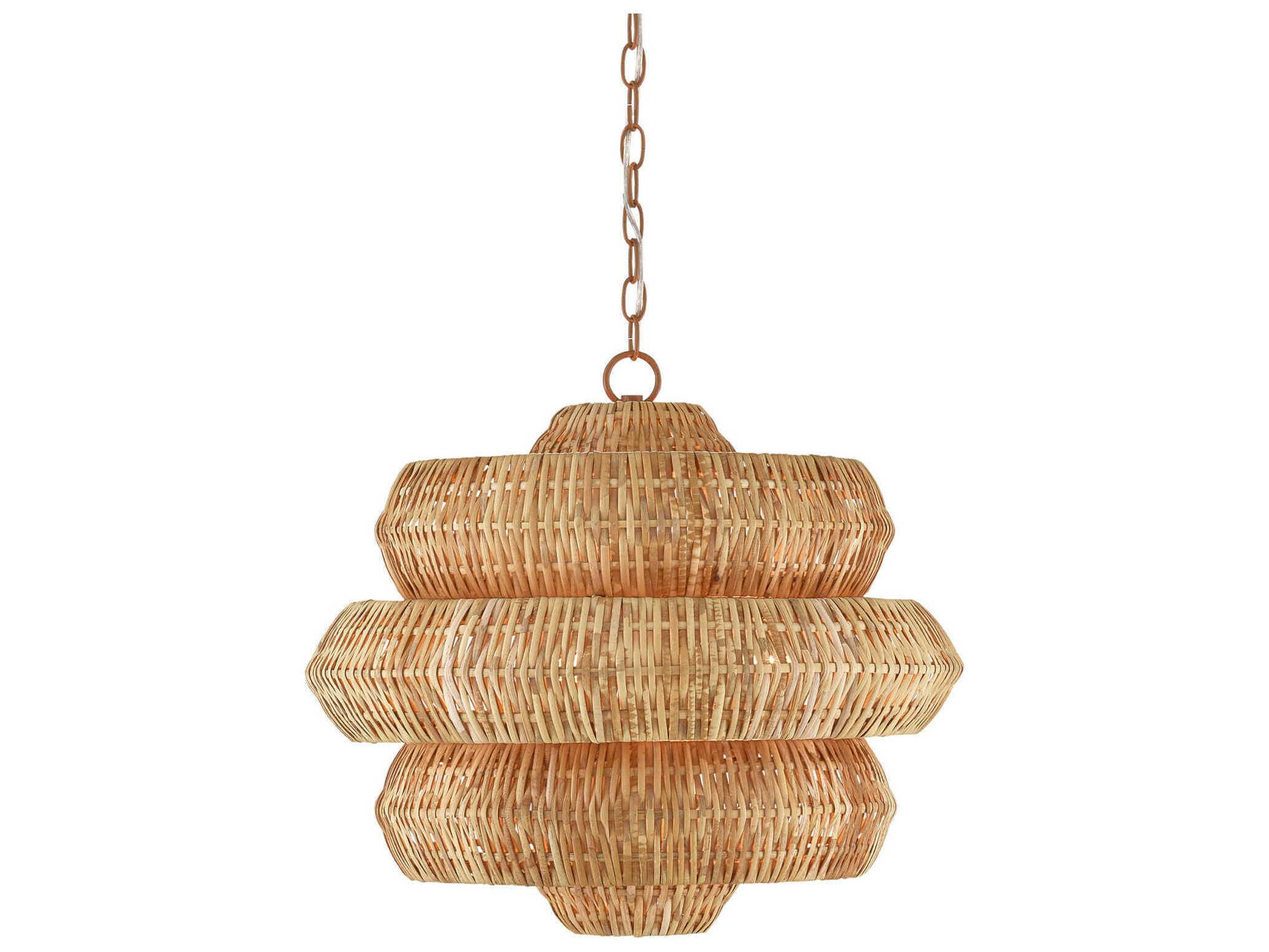 Currey & Company Antibes 3-Light Khaki Natural Rattan Brown Pendant