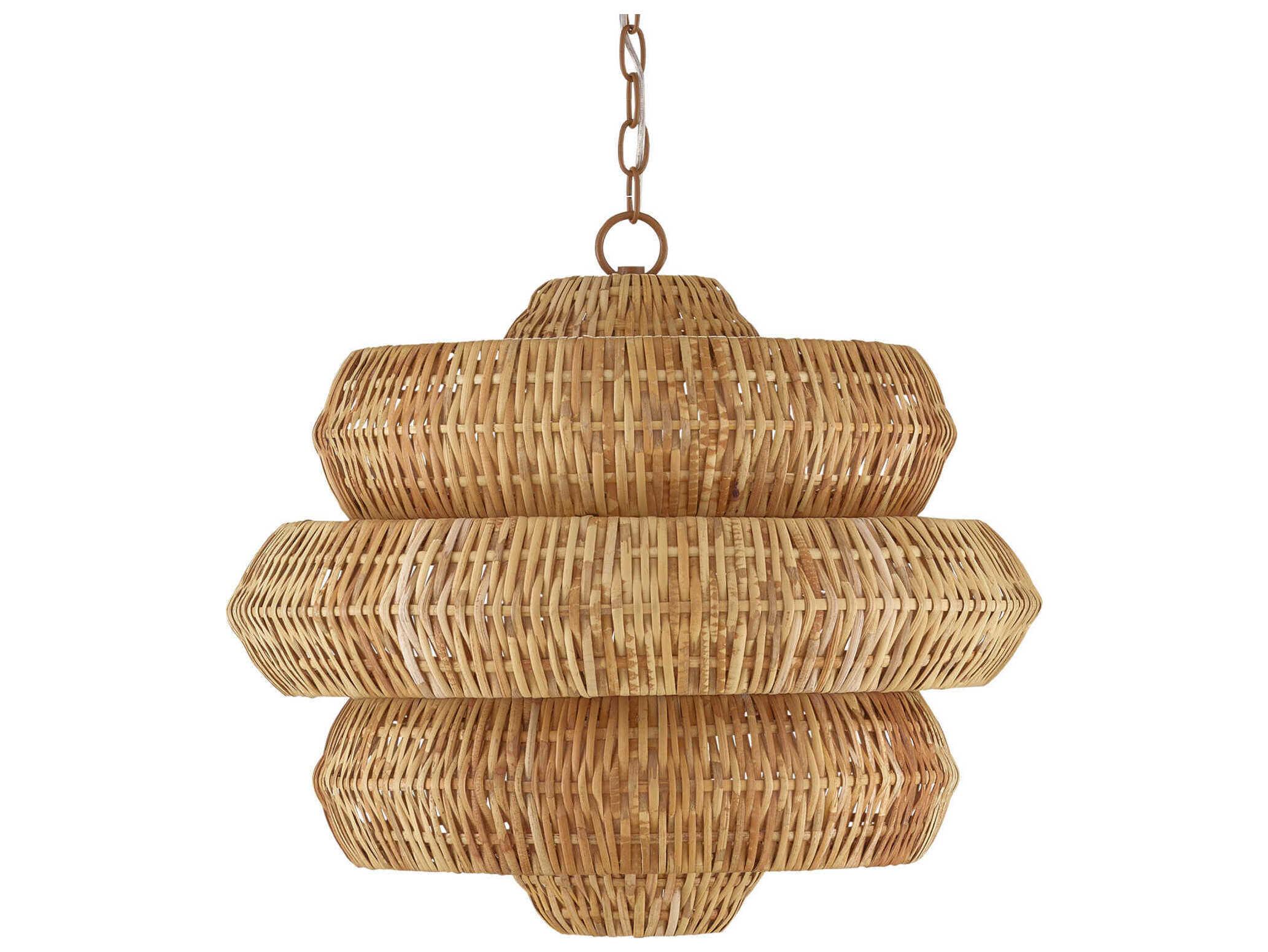 Currey & Company Antibes 3-Light Khaki Natural Rattan Brown Pendant