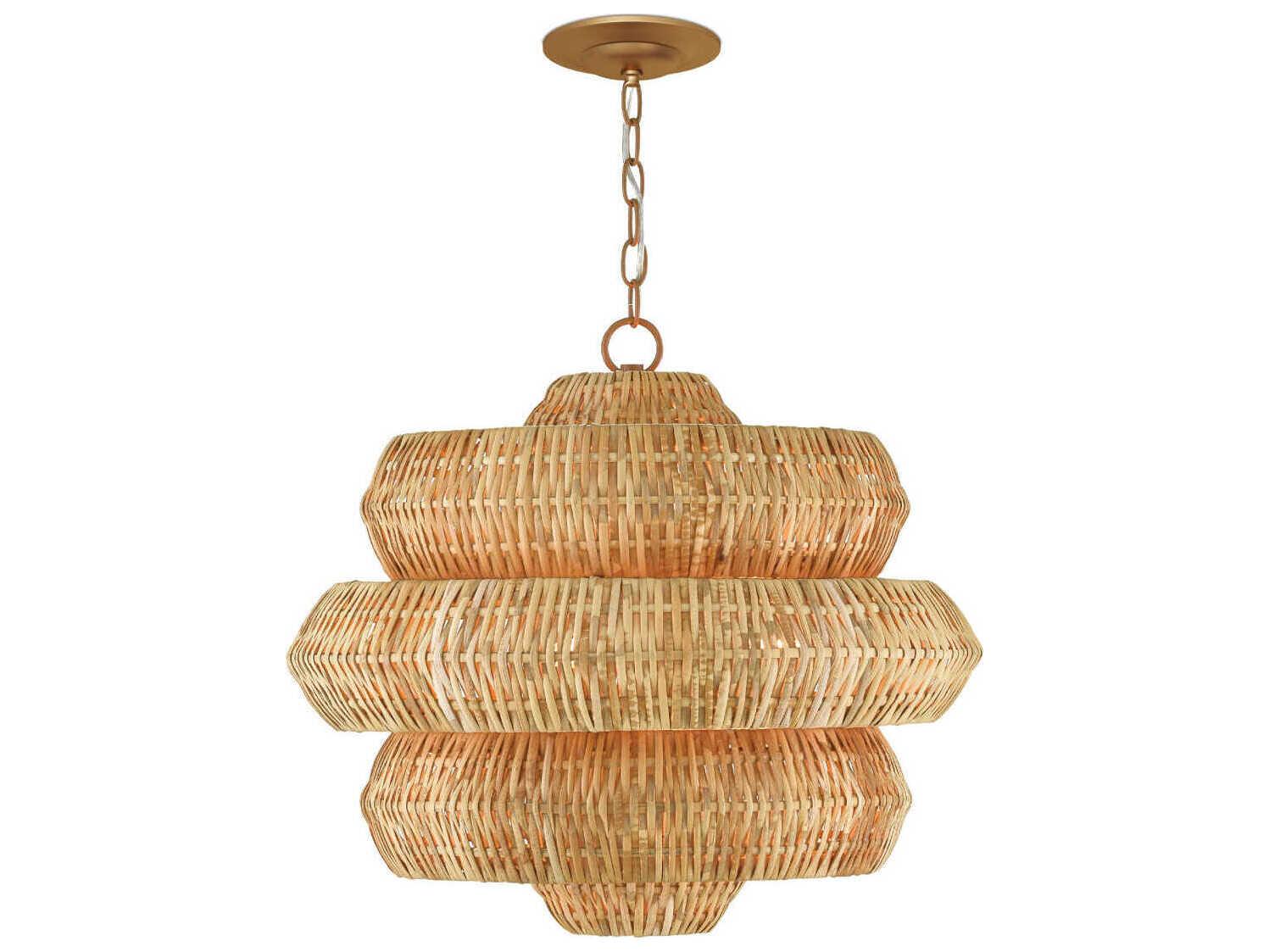 Currey & Company Antibes 3-Light Khaki Natural Rattan Brown Pendant