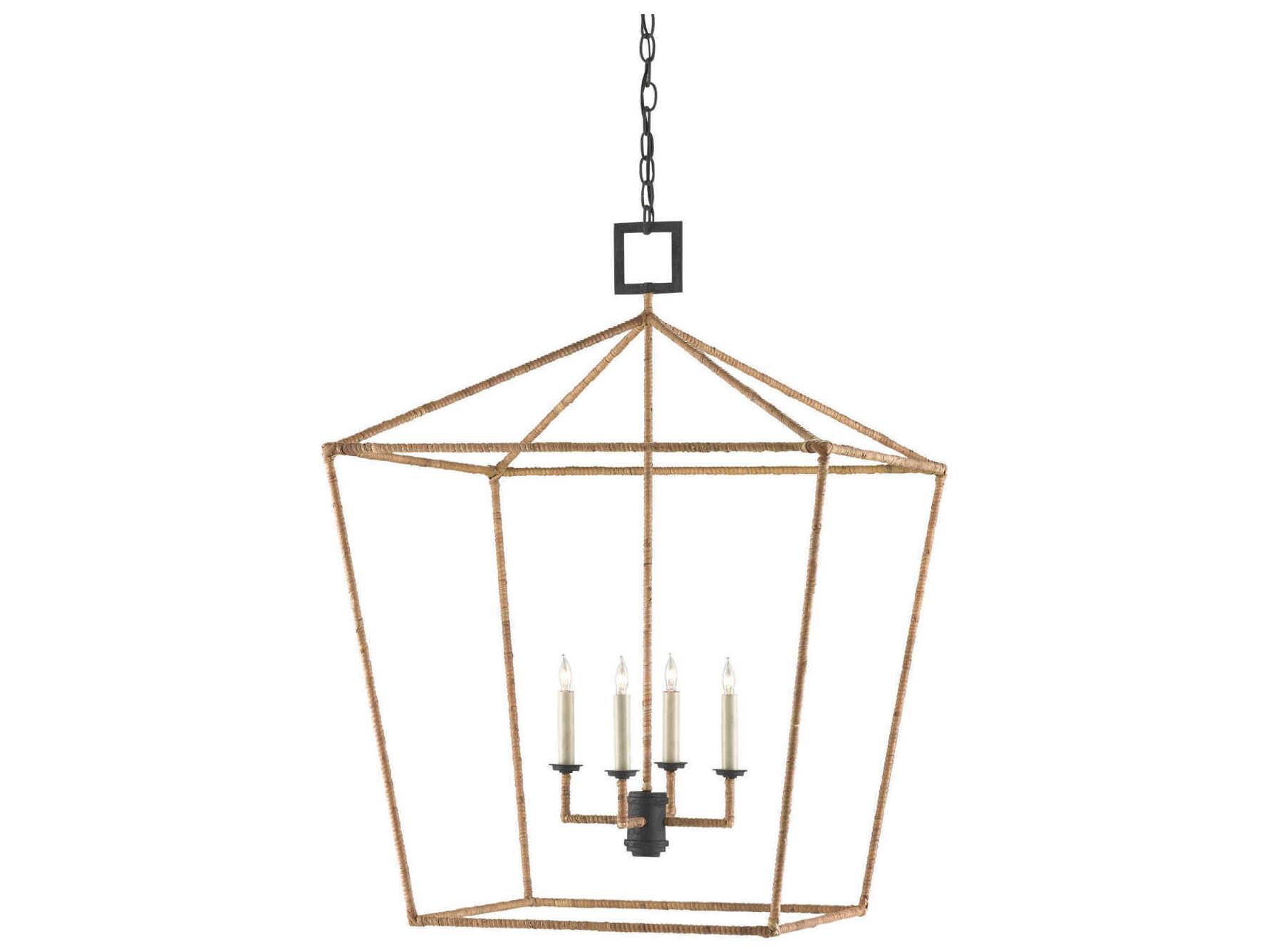 Currey & Company Denison 4-Light Mole Black Natural Rattan Brown Candelabra Chandelier