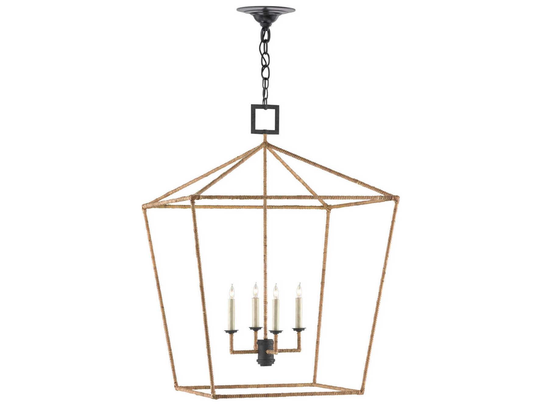 Currey & Company Denison 4-Light Mole Black Natural Rattan Brown Candelabra Chandelier
