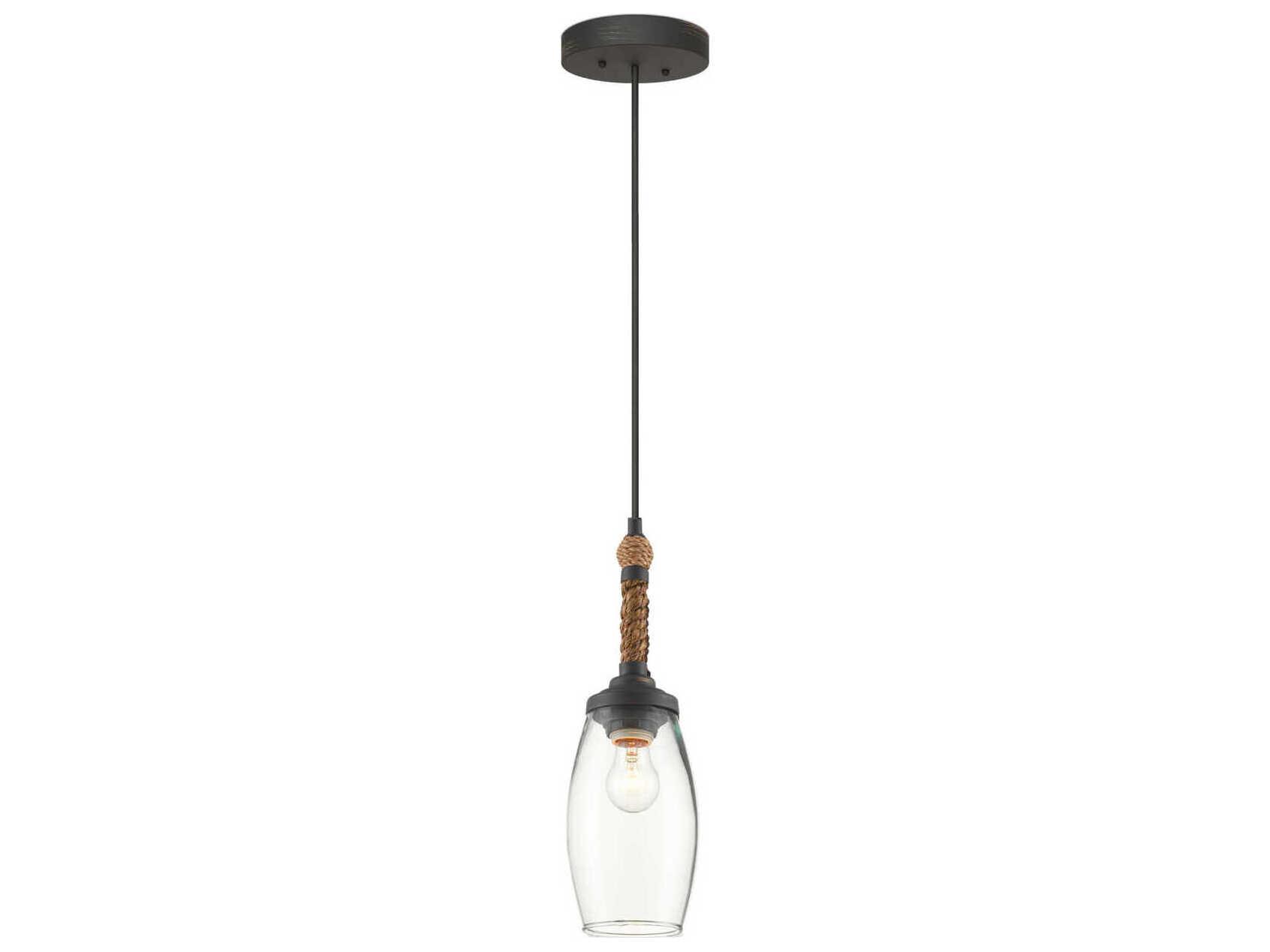 Currey & Company Hightider 1-Light French Black Natural Rope Brown Glass Mini Pendant