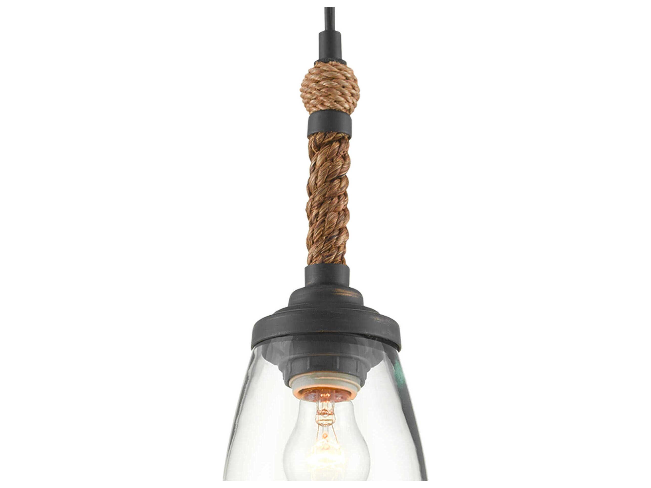 Currey & Company Hightider 1-Light French Black Natural Rope Brown Glass Mini Pendant