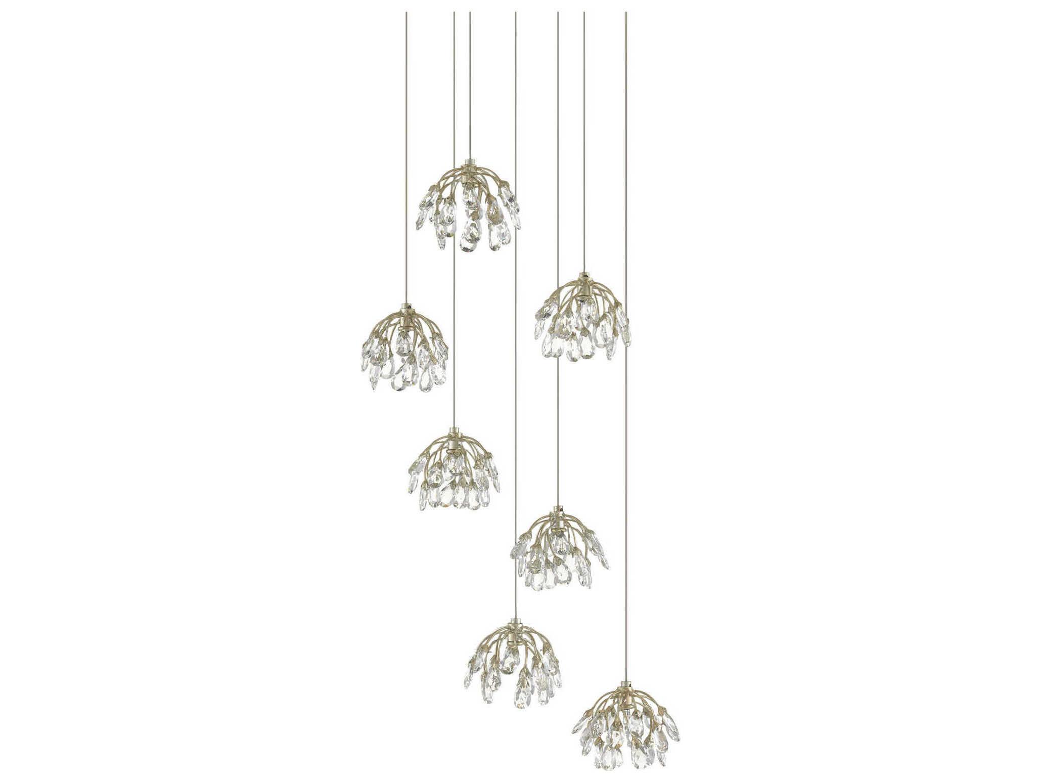 Currey & Company Crystal Bud 7-Light Painted Silver Bell Pendant