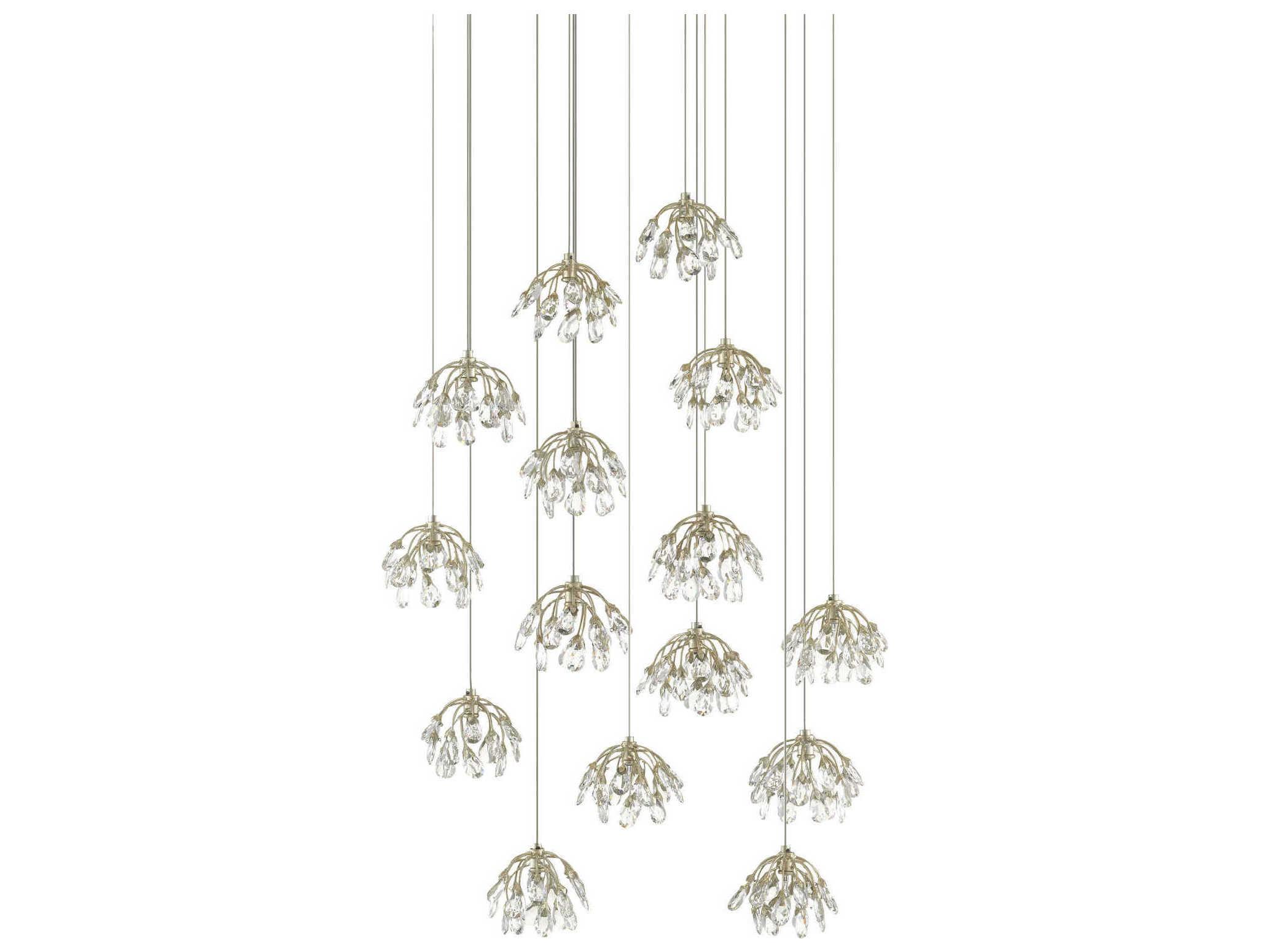 Currey & Company Crystal Bud 15-Light Painted Silver Bell Pendant