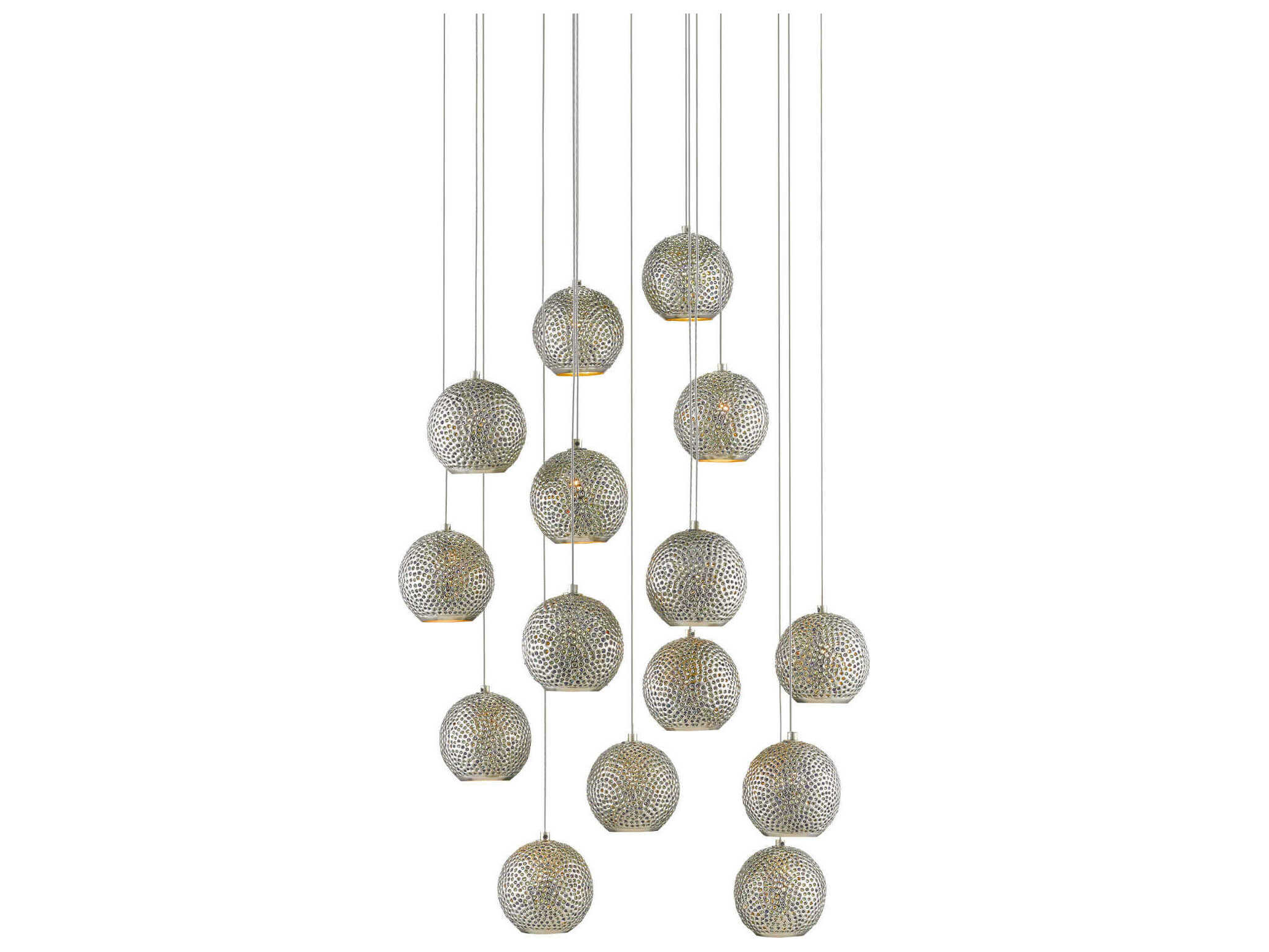 Currey & Company Giro 15-Light Painted Silver Nickel Blue Glass Globe Pendant