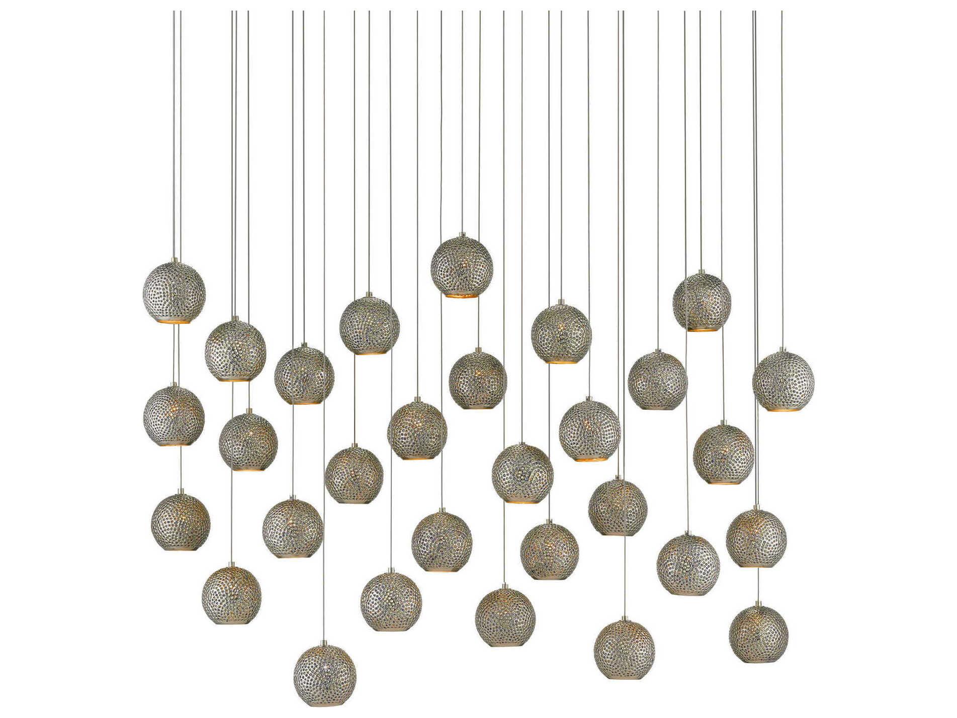 Currey & Company Giro 30-Light Painted Silver Nickel Blue Glass Globe Island Pendant