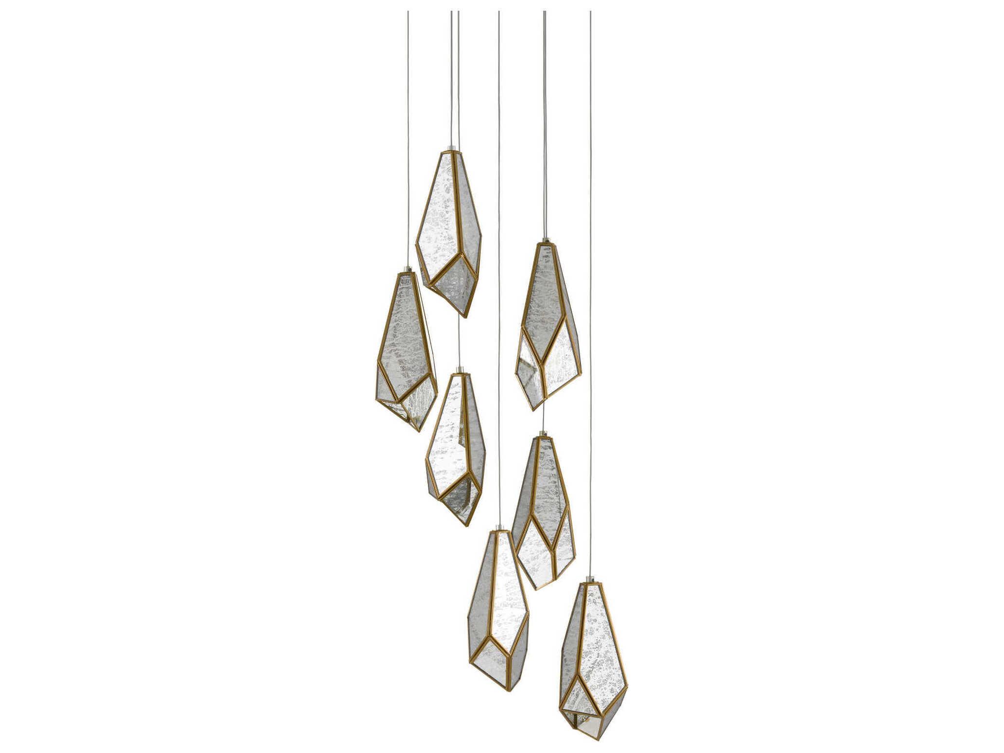 Currey & Company Glace 7-Light Painted Silver Antique Brass Glass Pendant