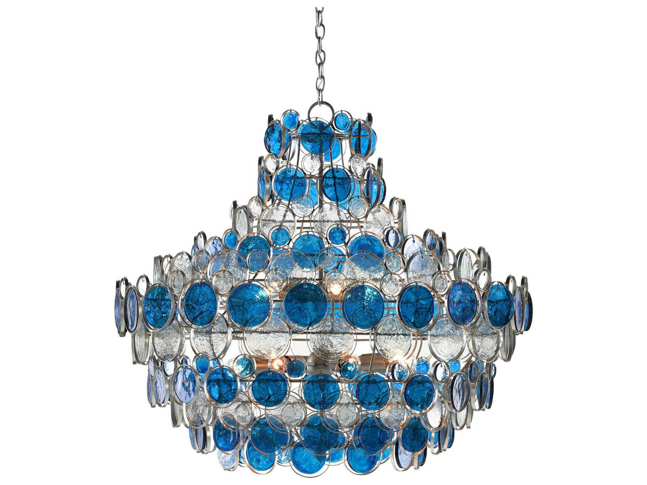 Currey & Company Galahad 12-Light Painted Silver Blue Glass Chandelier
