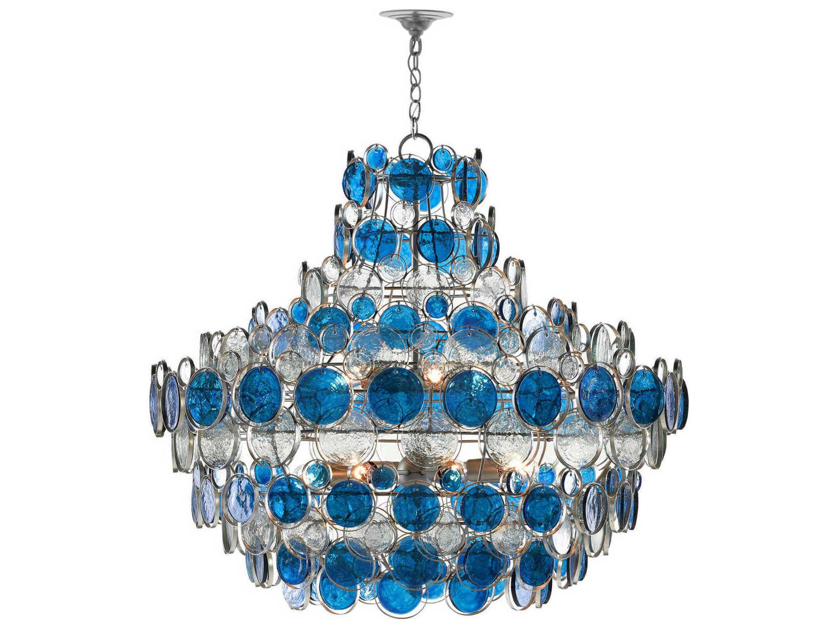 Currey & Company Galahad 12-Light Painted Silver Blue Glass Chandelier