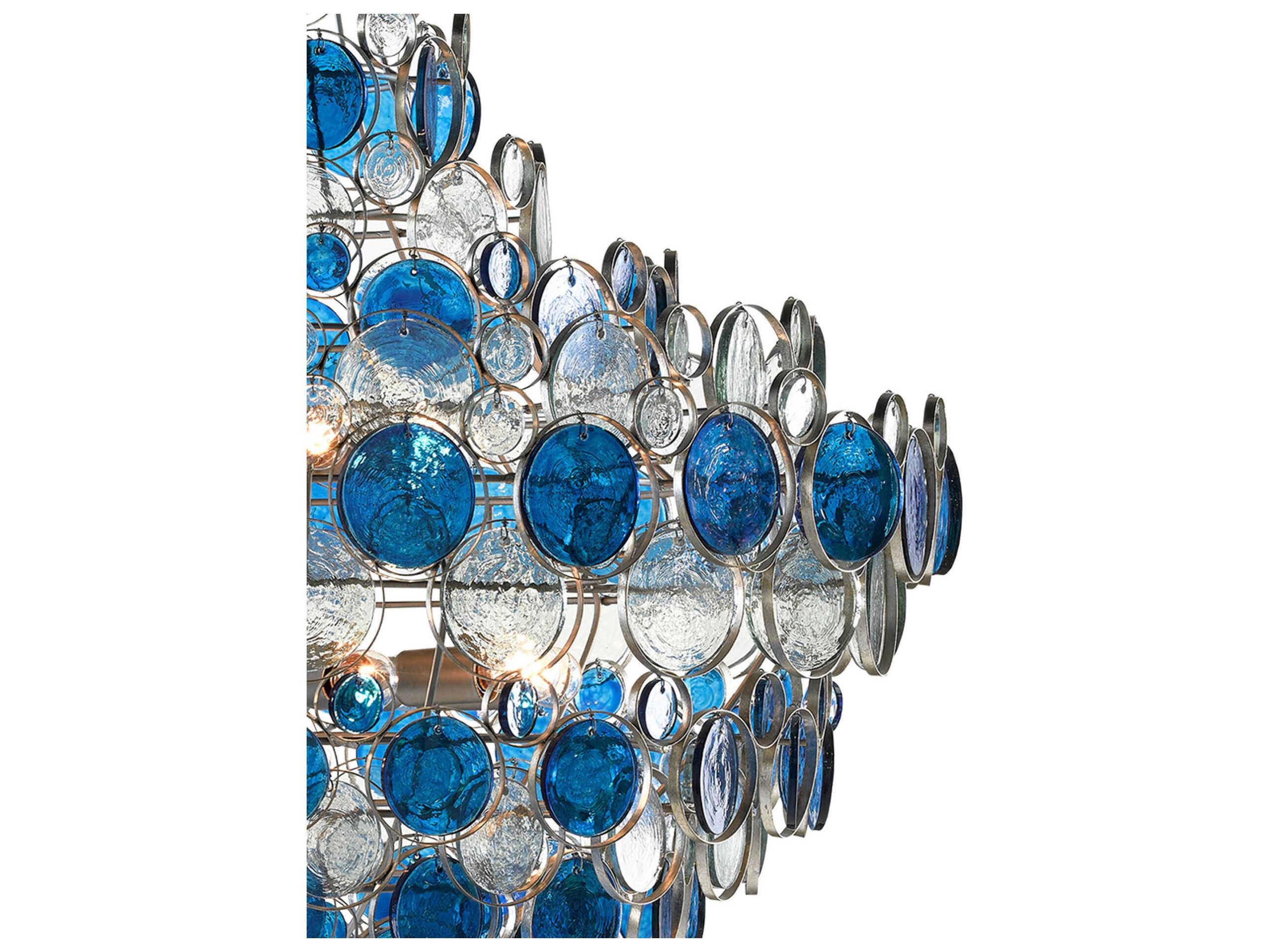 Currey & Company Galahad 12-Light Painted Silver Blue Glass Chandelier