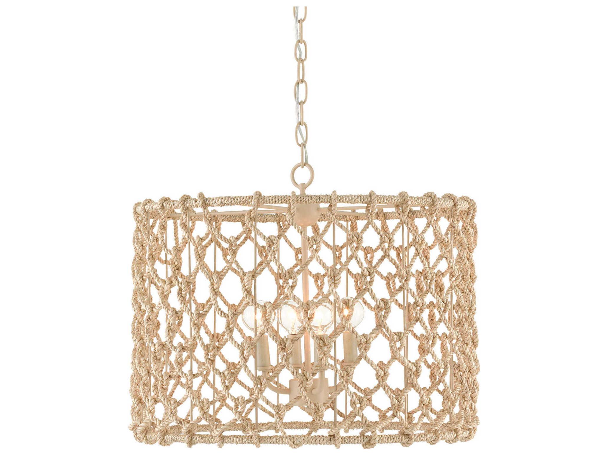 Currey & Company Chesapeake 4-Light Beige Smokewood Natural Rope Brown Drum Chandelier