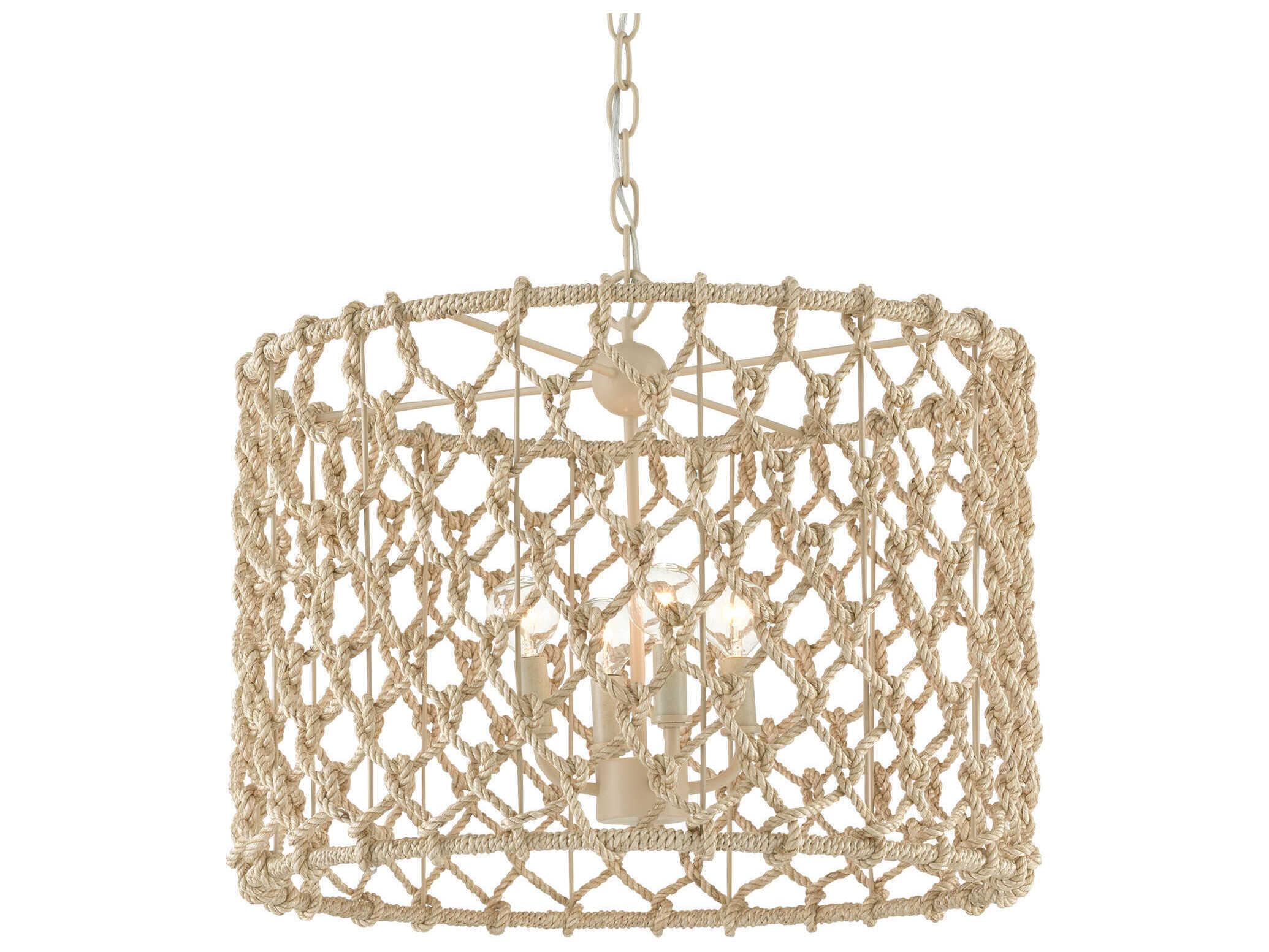 Currey & Company Chesapeake 4-Light Beige Smokewood Natural Rope Brown Drum Chandelier