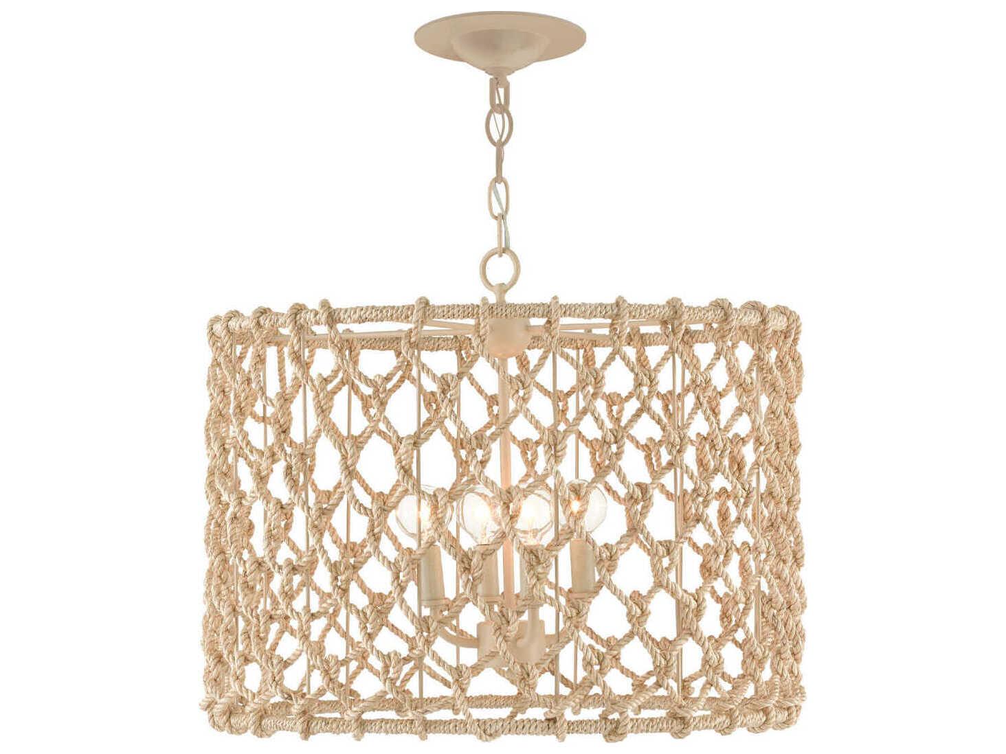 Currey & Company Chesapeake 4-Light Beige Smokewood Natural Rope Brown Drum Chandelier