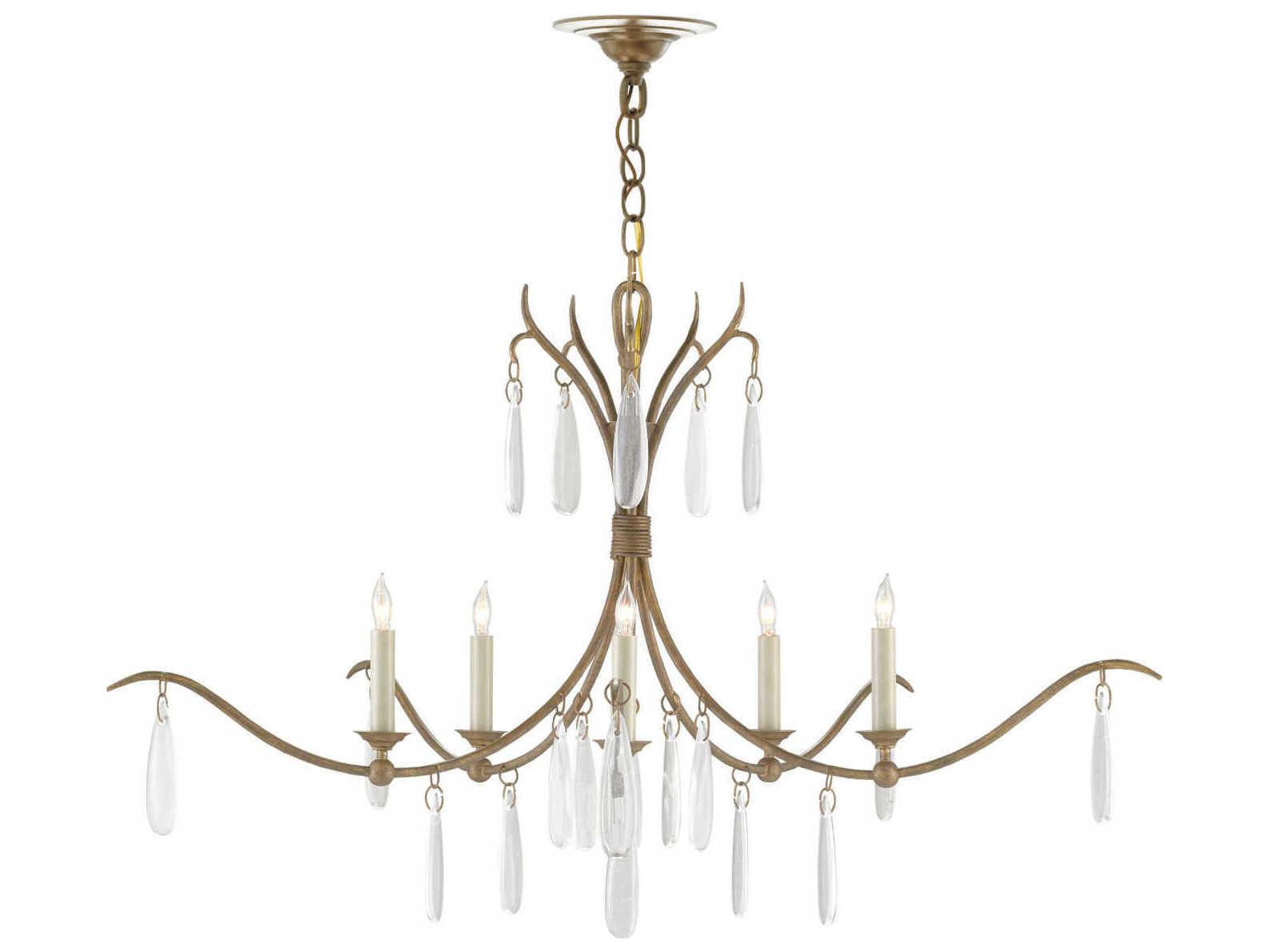Currey & Company Marshallia 5-Light Rustic Gold Faux Rock Crystal White Glass Chandelier