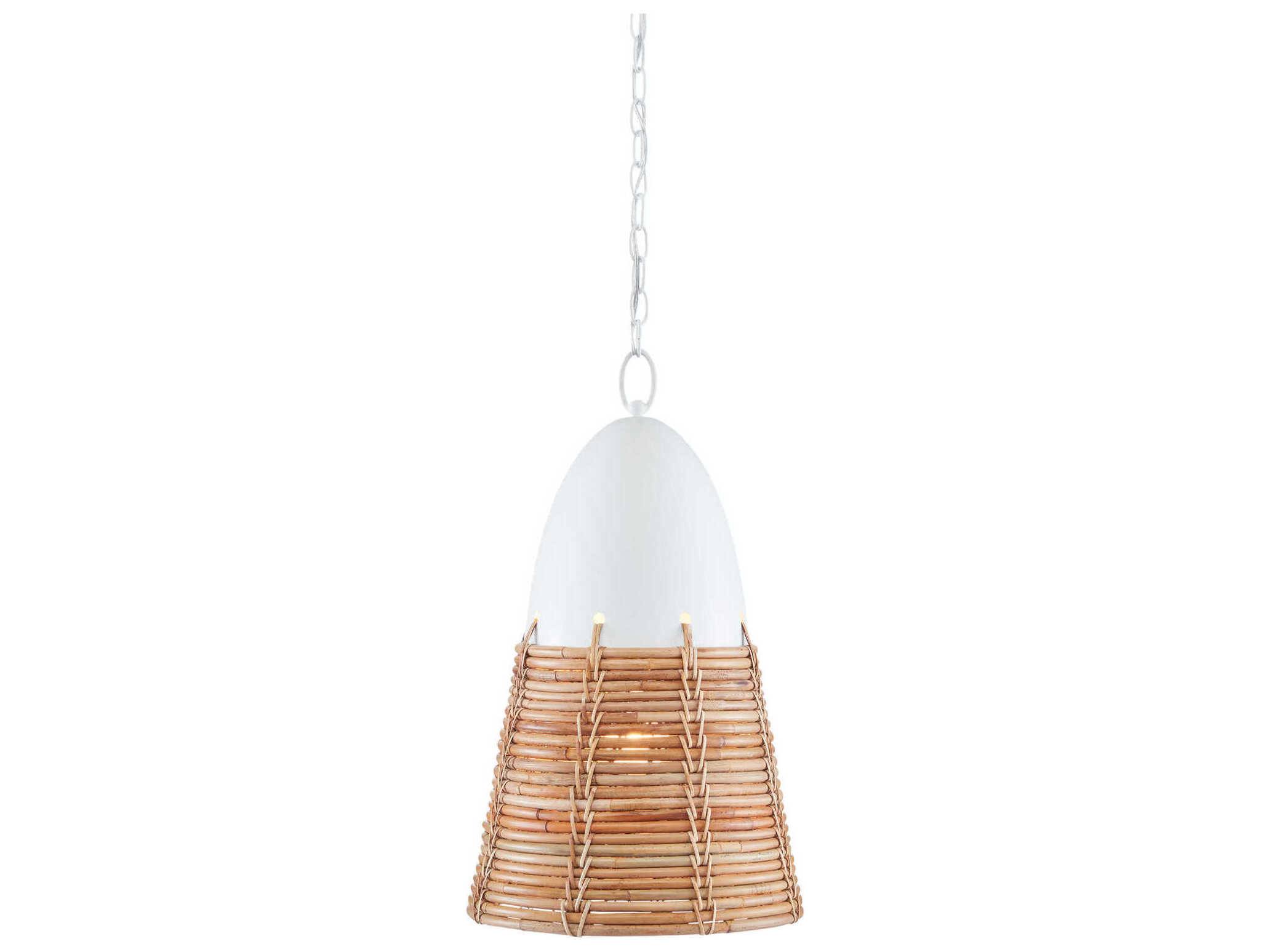 Currey & Company Arundo 1-Light Gesso White Paint Natural Rattan Brown Bell Pendant