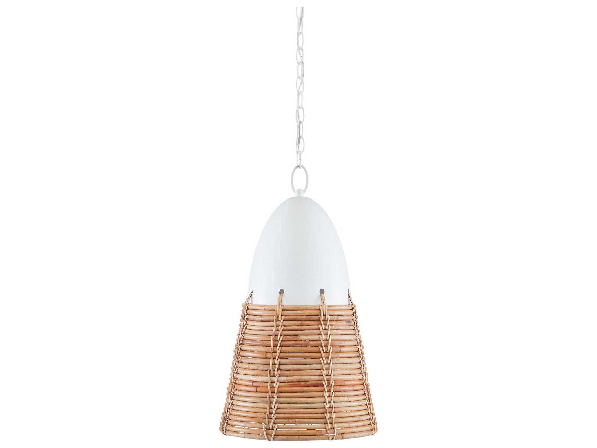 Currey & Company Arundo 1-Light Gesso White Paint Natural Rattan Brown Bell Pendant