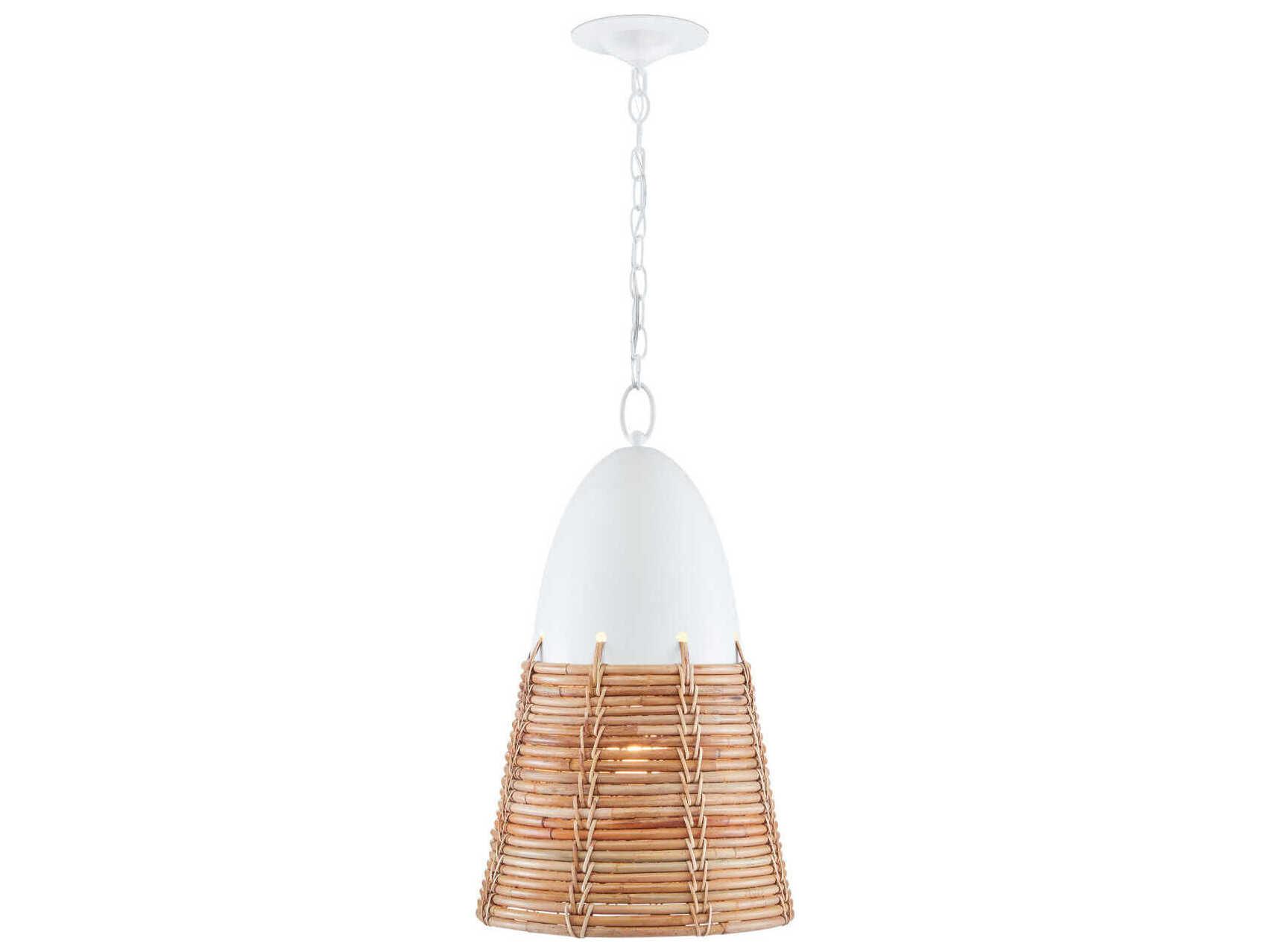 Currey & Company Arundo 1-Light Gesso White Paint Natural Rattan Brown Bell Pendant