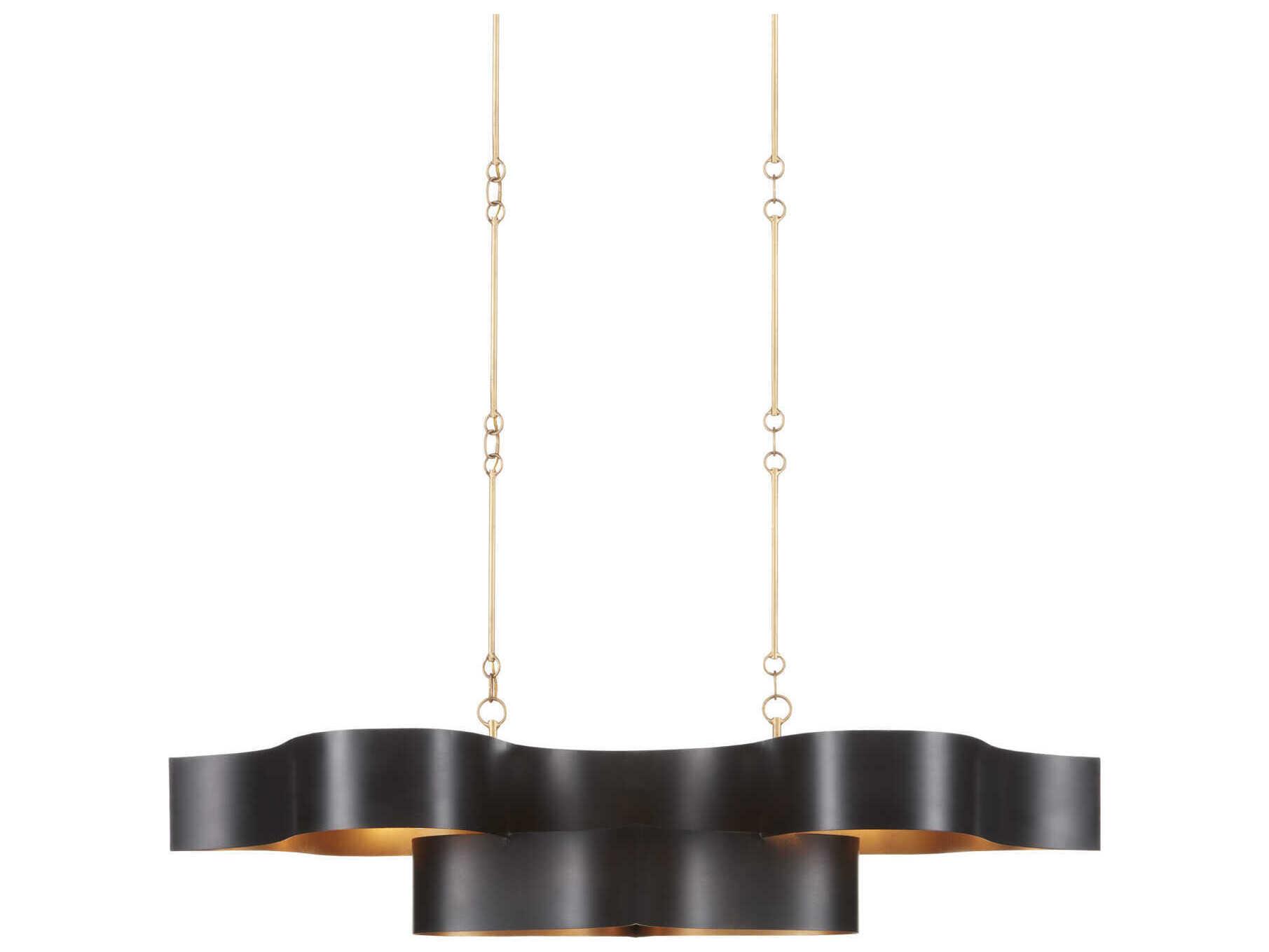 Currey & Company Grand Lotus 6-Light Satin Black Contemporary Gold Leaf Linear Island Pendant