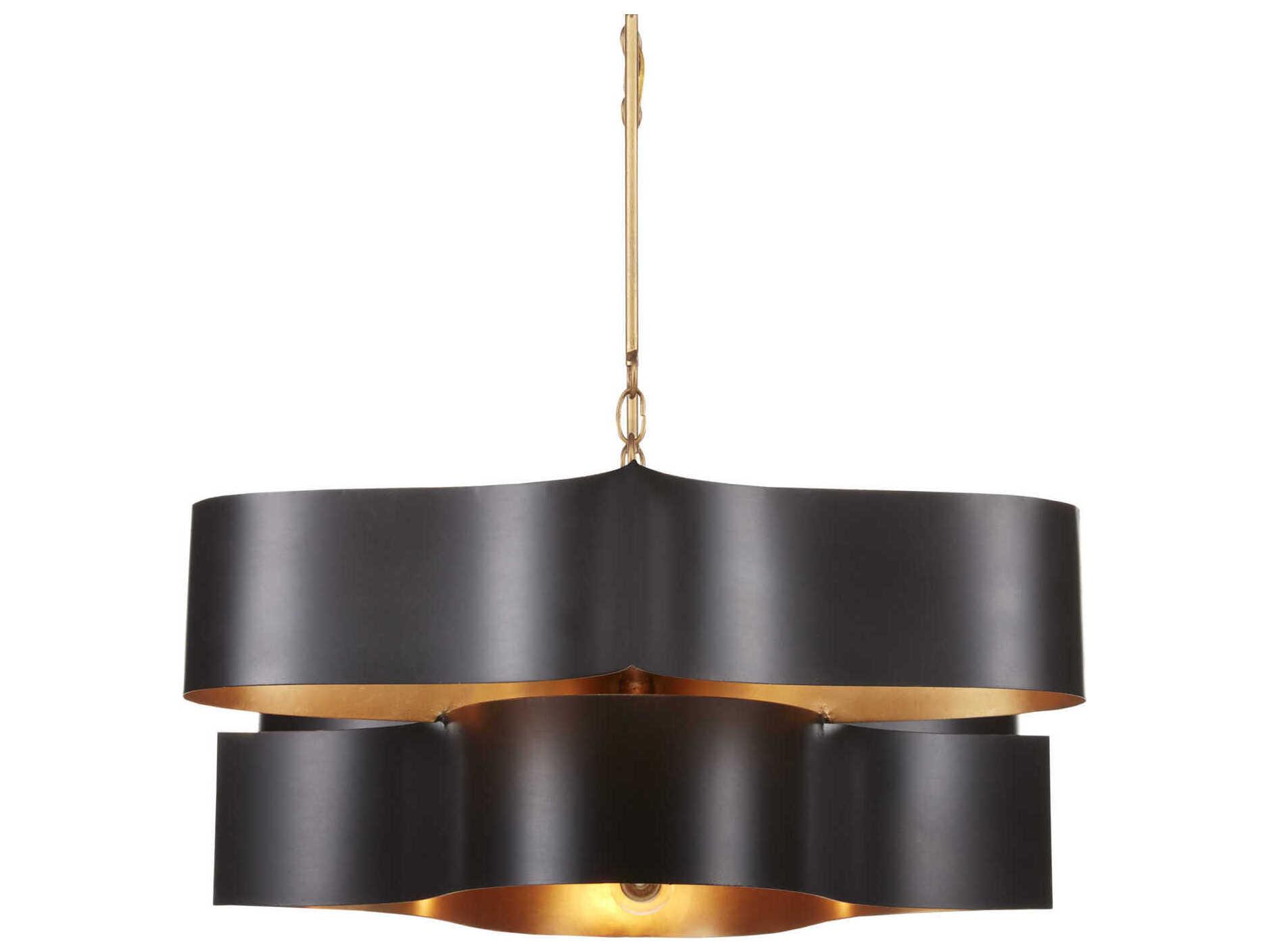 Currey & Company Grand Lotus 6-Light Satin Black Contemporary Gold Leaf Linear Island Pendant