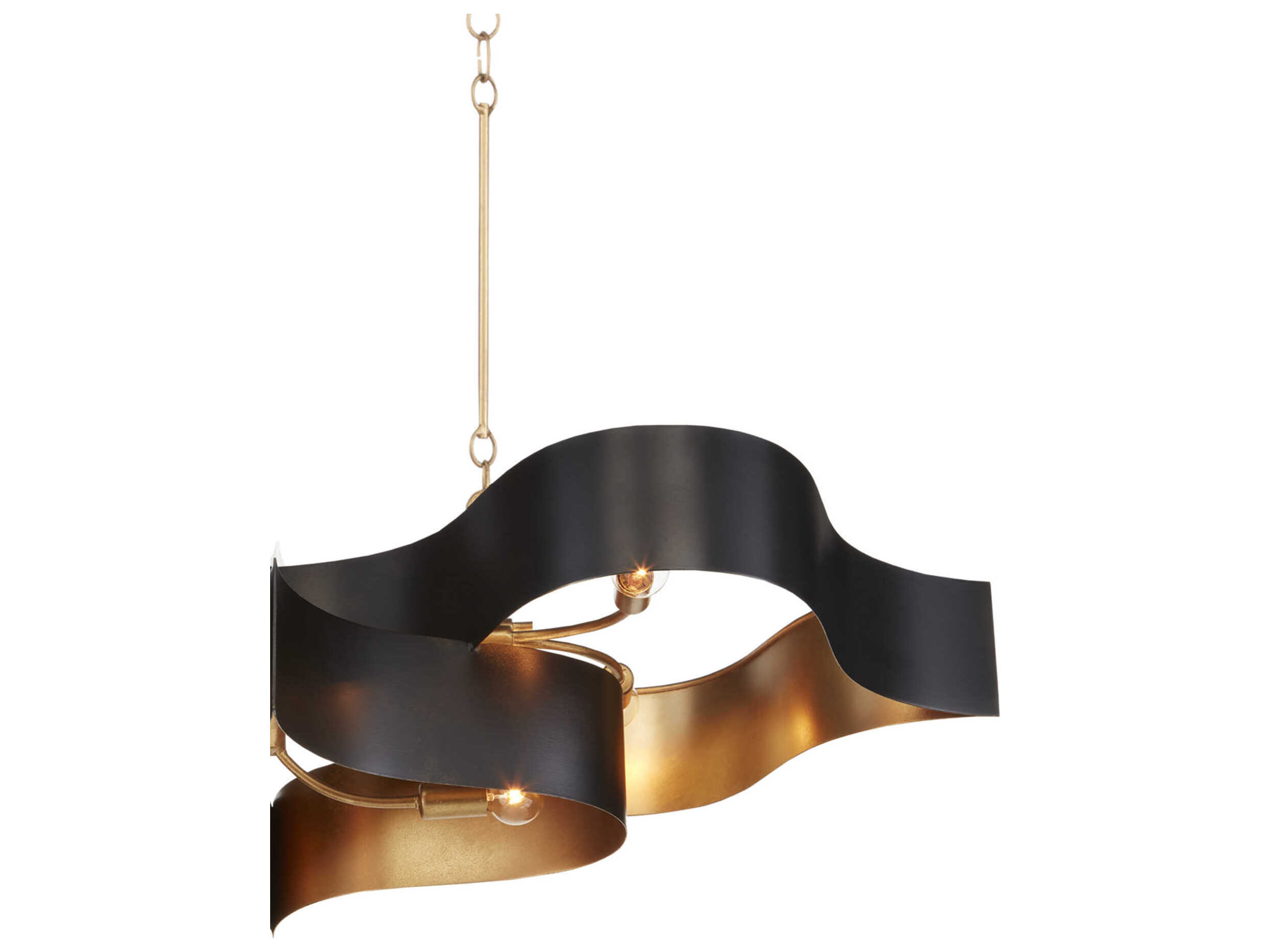 Currey & Company Grand Lotus 6-Light Satin Black Contemporary Gold Leaf Linear Island Pendant