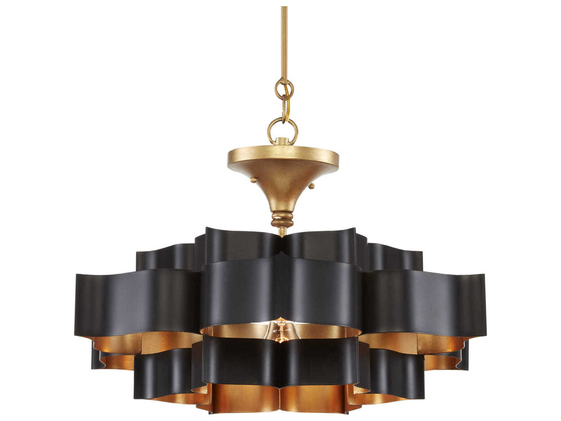 Currey & Company Grand Lotus 1-Light Satin Black Contemporary Gold Leaf Tiered Pendant