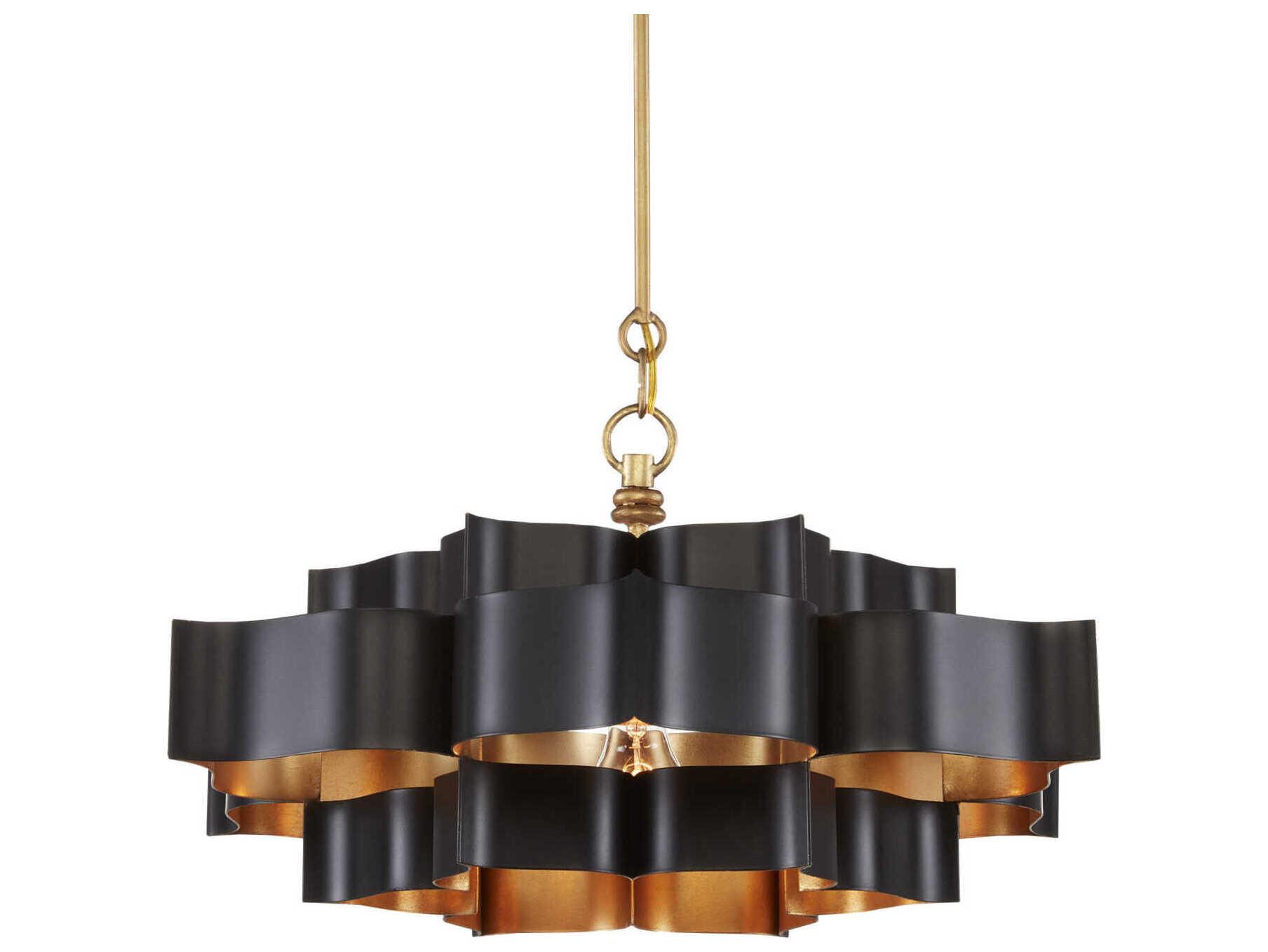 Currey & Company Grand Lotus 1-Light Satin Black Contemporary Gold Leaf Tiered Pendant