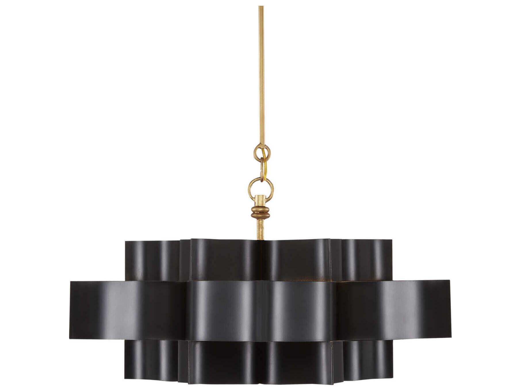 Currey & Company Grand Lotus 1-Light Satin Black Contemporary Gold Leaf Tiered Pendant