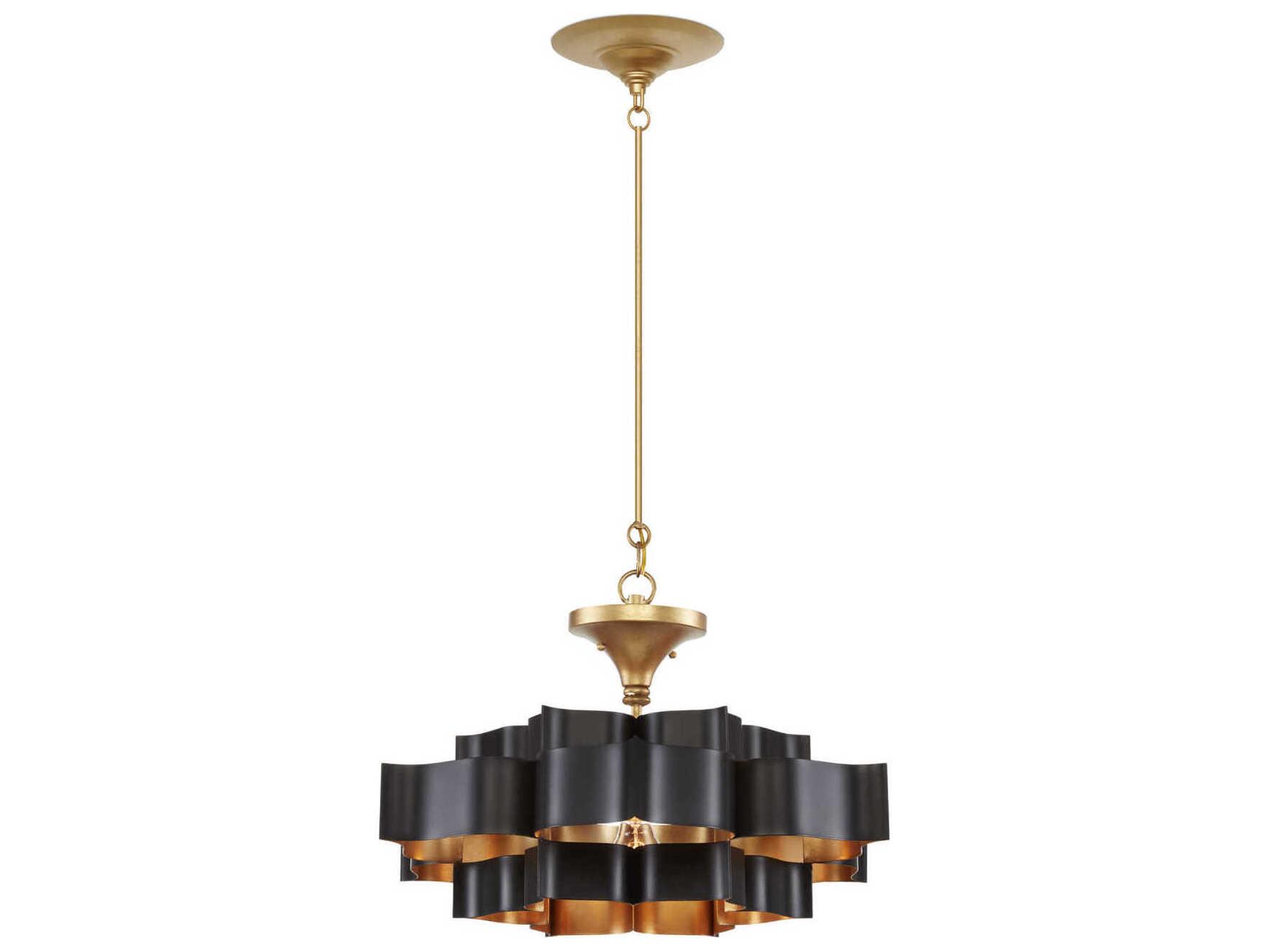 Currey & Company Grand Lotus 1-Light Satin Black Contemporary Gold Leaf Tiered Pendant