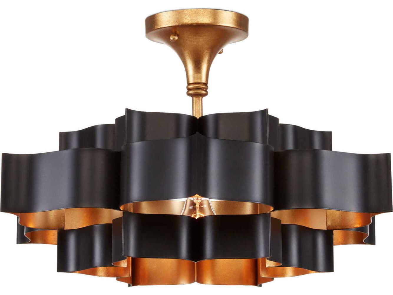 Currey & Company Grand Lotus 1-Light Satin Black Contemporary Gold Leaf Tiered Pendant