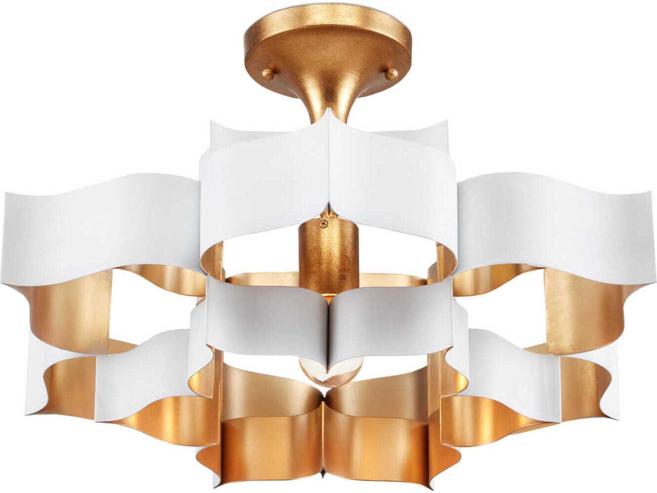 Currey & Company Grand Lotus 1-Light Sugar White Contemporary Gold Leaf Tiered Pendant