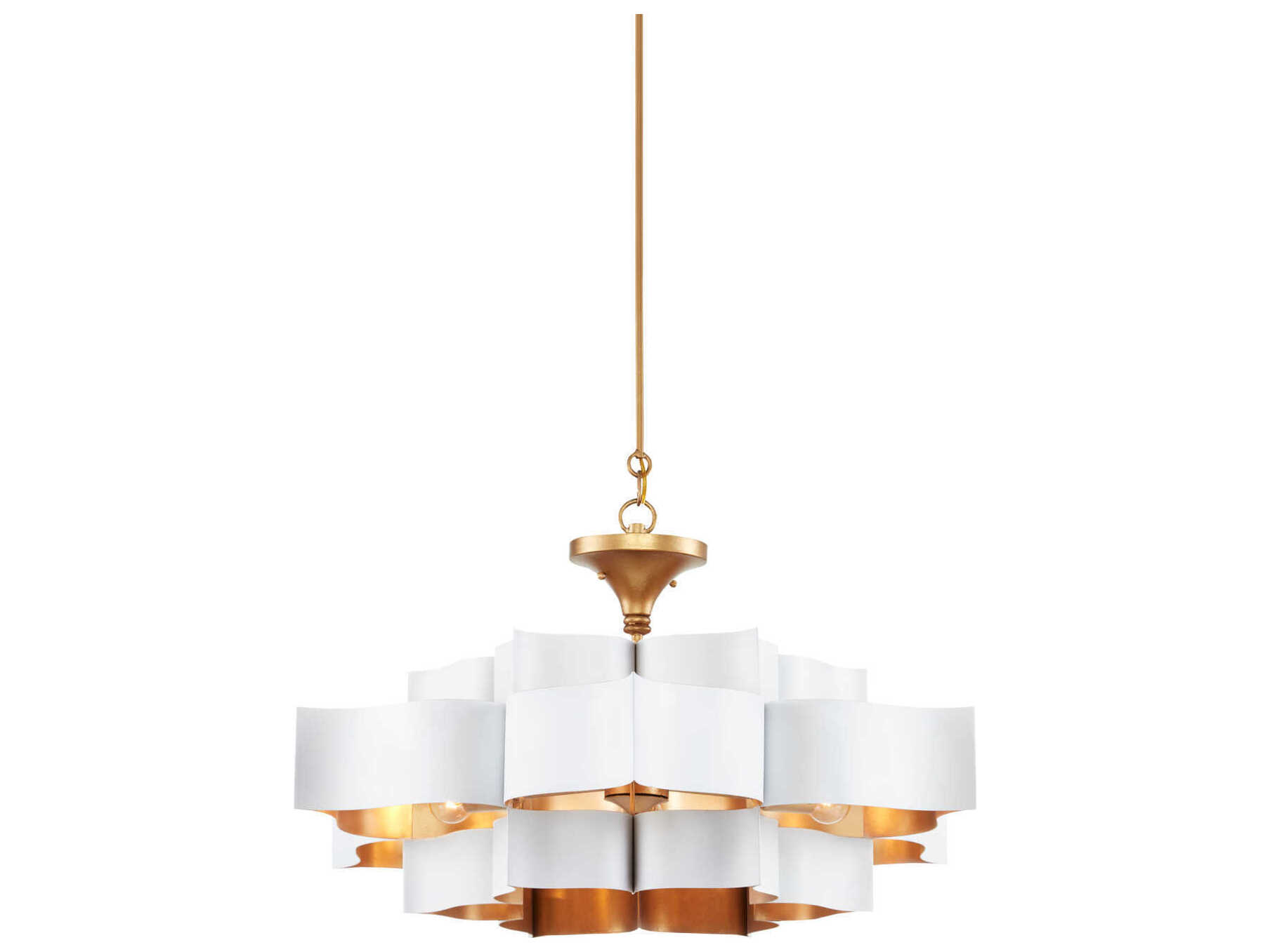 Currey & Company Grand Lotus 6-Light Sugar White Contemporary Gold Leaf Tiered Pendant