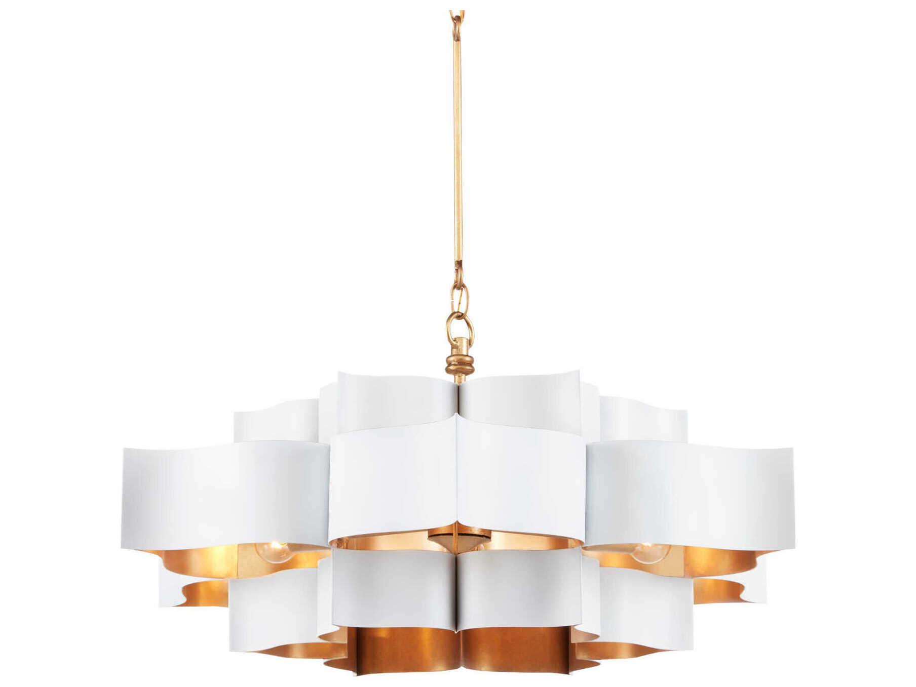 Currey & Company Grand Lotus 6-Light Sugar White Contemporary Gold Leaf Tiered Pendant