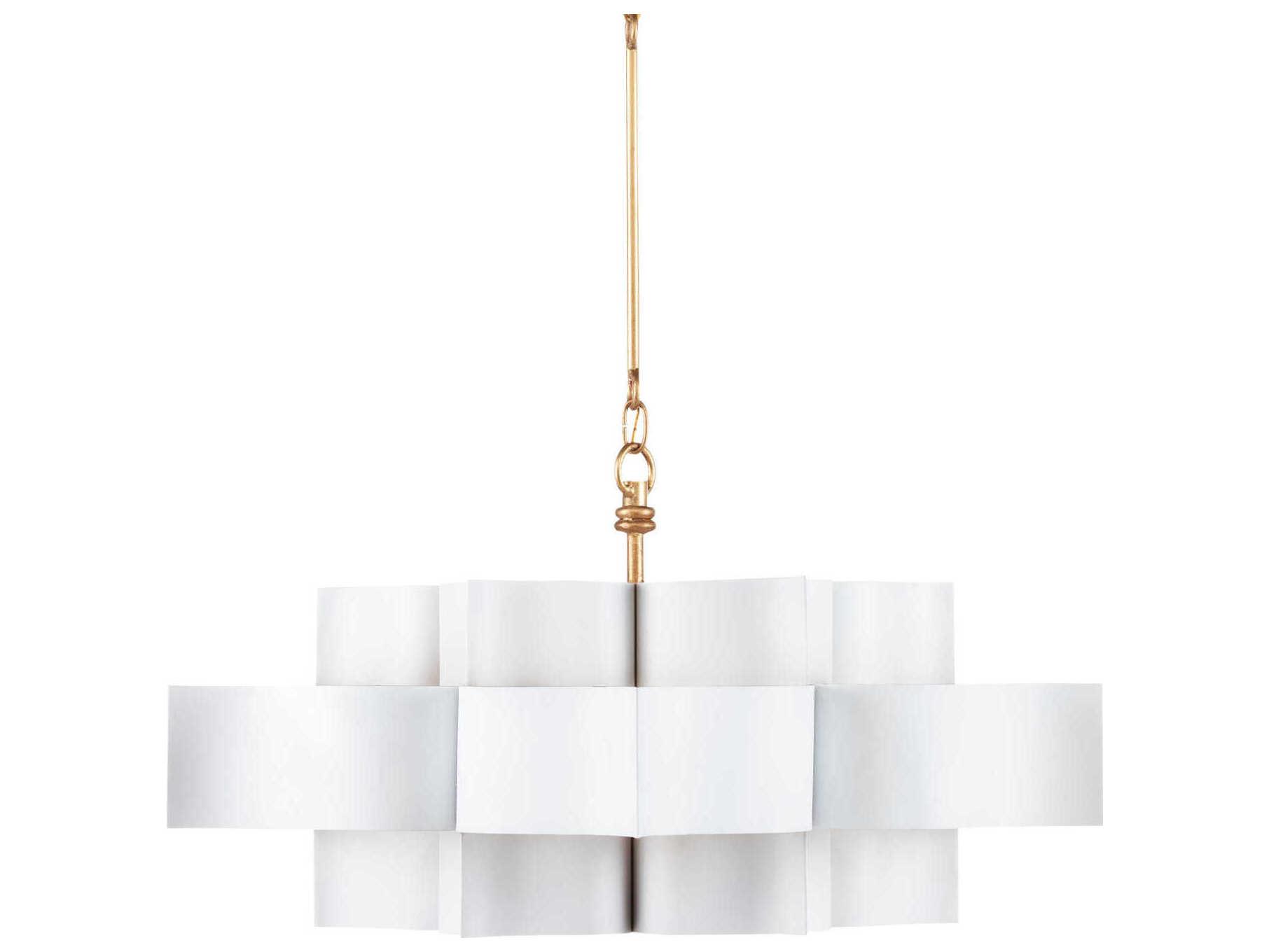 Currey & Company Grand Lotus 6-Light Sugar White Contemporary Gold Leaf Tiered Pendant