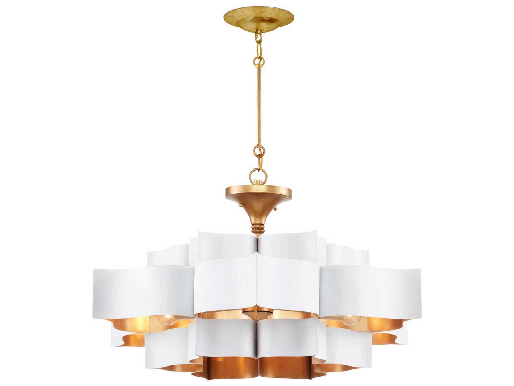Currey & Company Grand Lotus 6-Light Sugar White Contemporary Gold Leaf Tiered Pendant