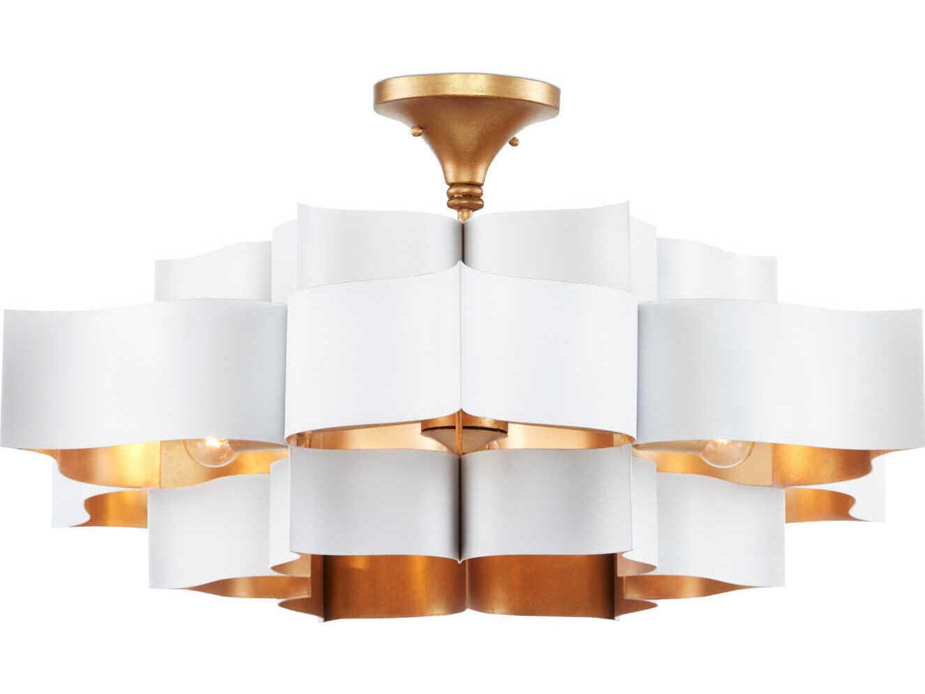 Currey & Company Grand Lotus 6-Light Sugar White Contemporary Gold Leaf Tiered Pendant