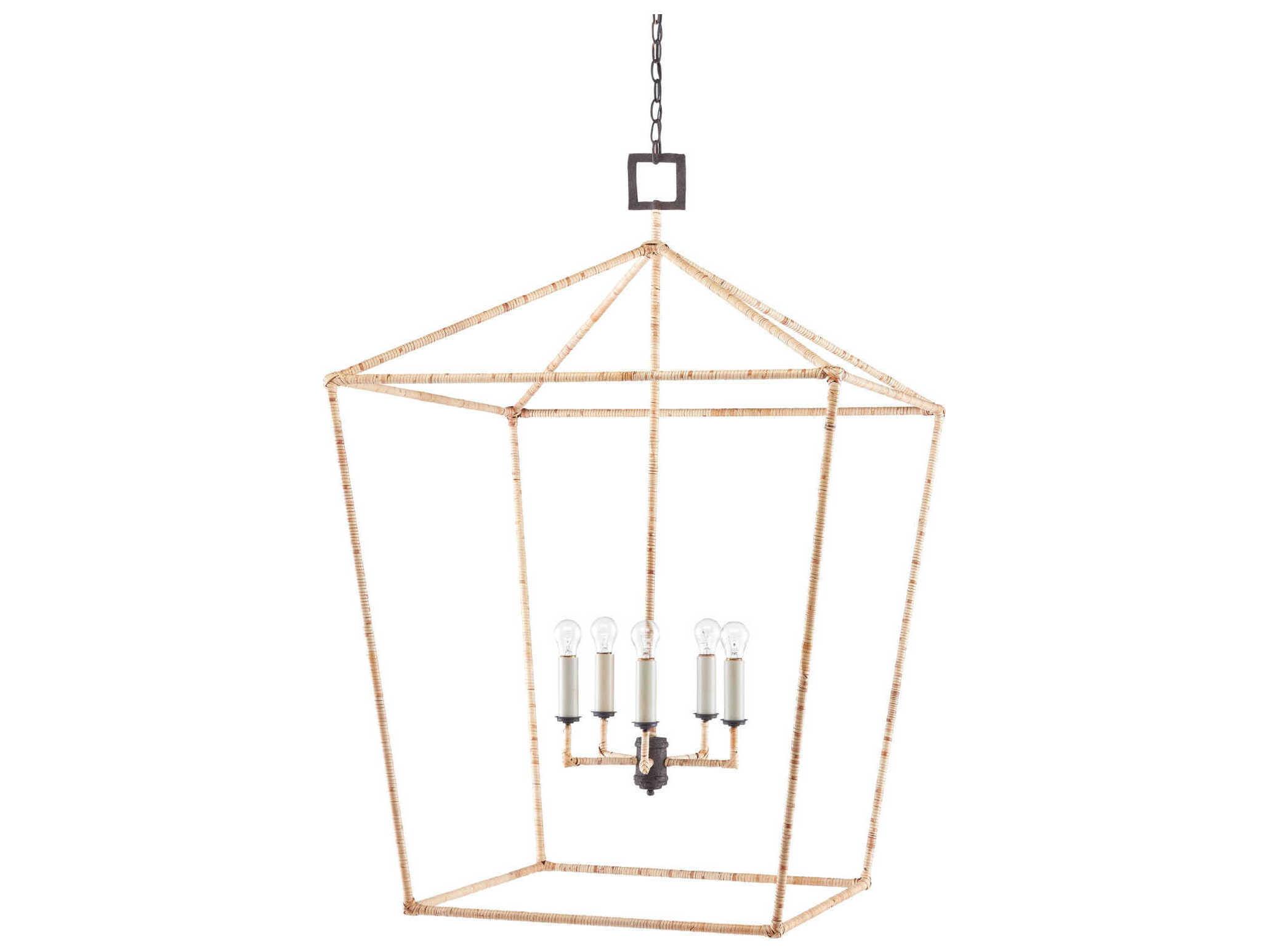 Currey & Company Denison 5-Light Mole Black Natural Rattan Brown Lantern Chandelier