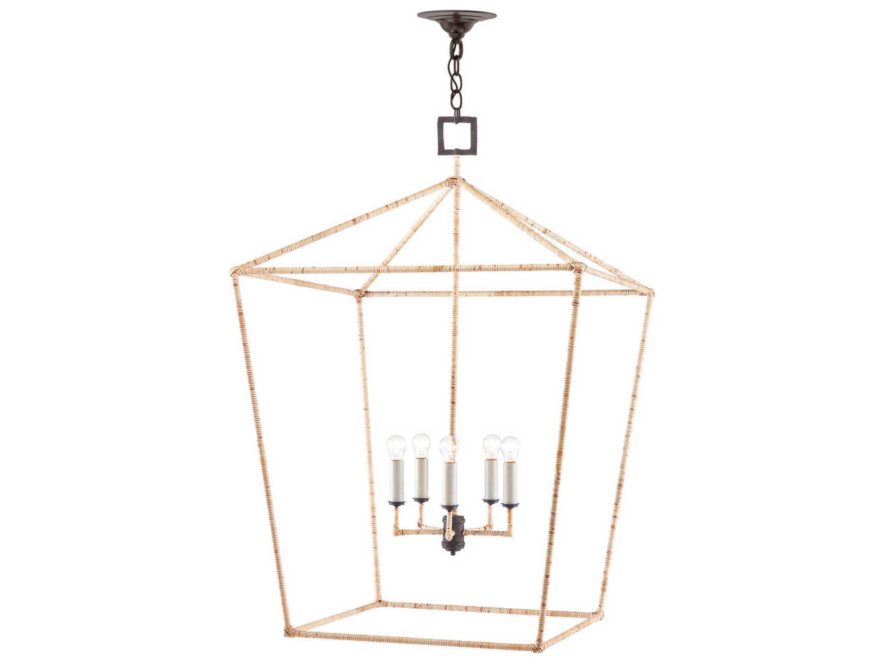 Currey & Company Denison 5-Light Mole Black Natural Rattan Brown Lantern Chandelier