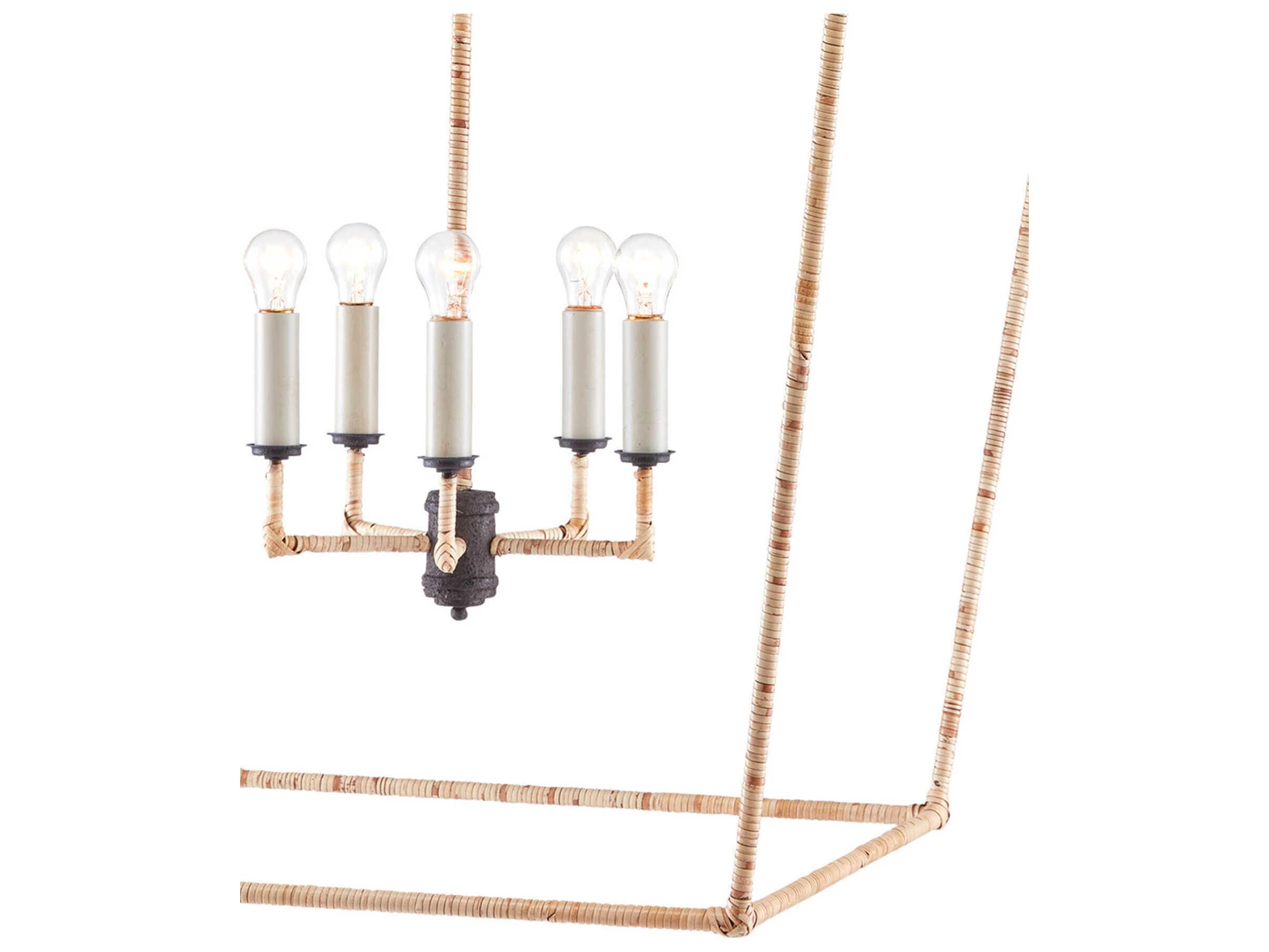 Currey & Company Denison 5-Light Mole Black Natural Rattan Brown Lantern Chandelier
