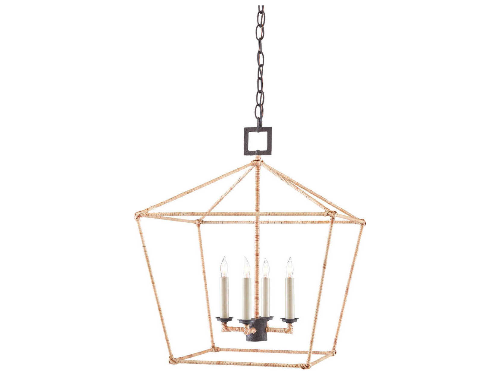 Currey & Company Denison 4-Light Mole Black Natural Rattan Lantern Chandelier