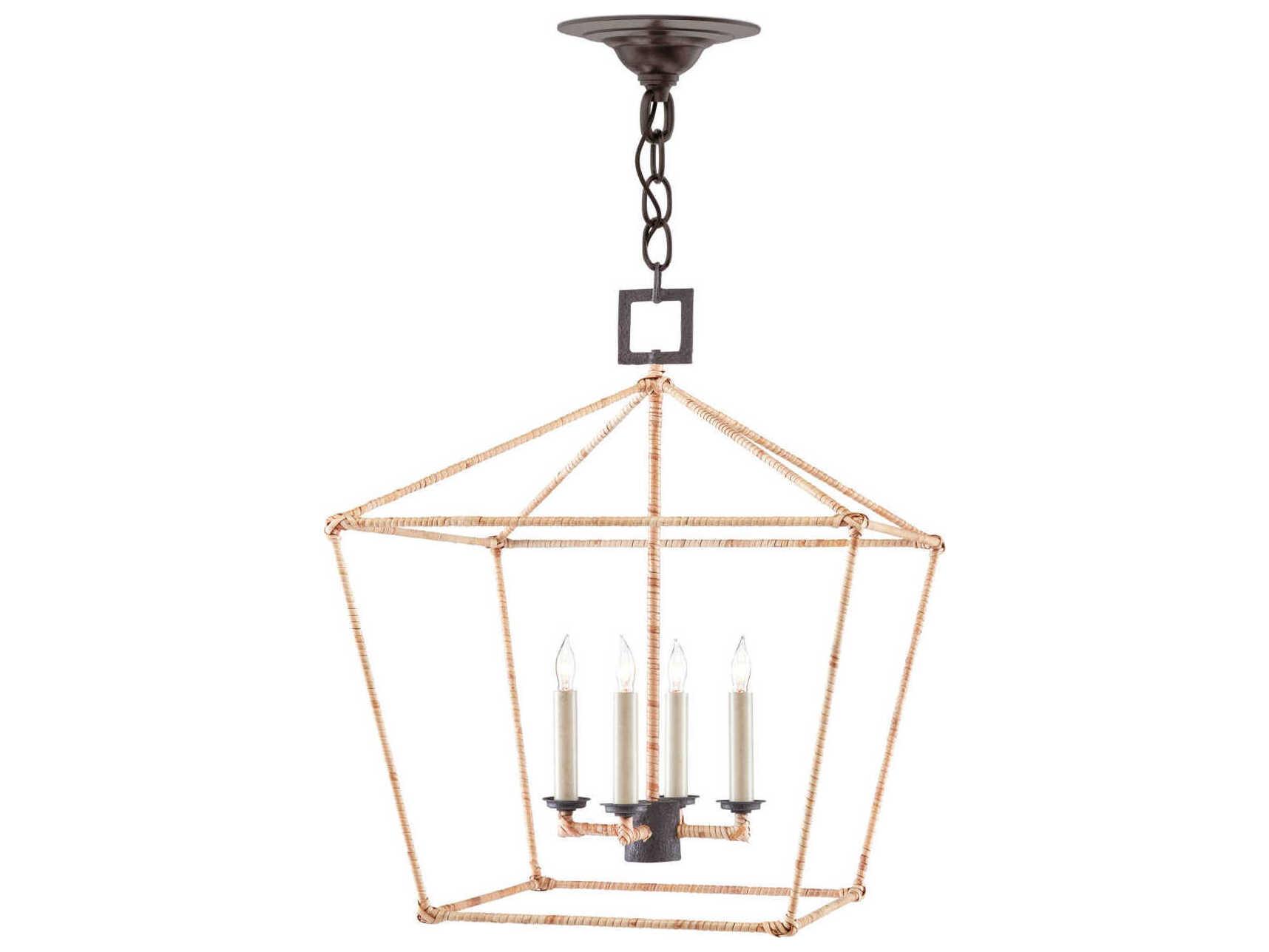 Currey & Company Denison 4-Light Mole Black Natural Rattan Lantern Chandelier