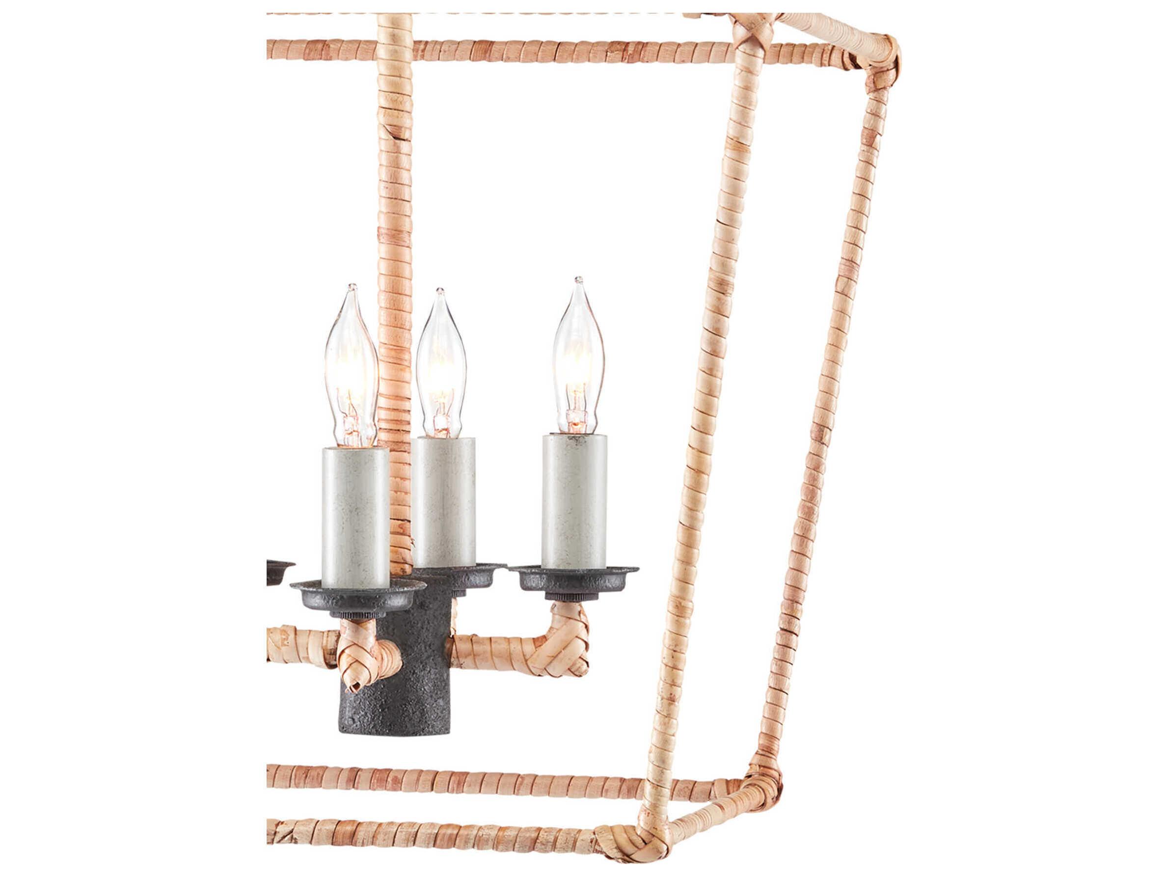 Currey & Company Denison 4-Light Mole Black Natural Rattan Brown Lantern Chandelier