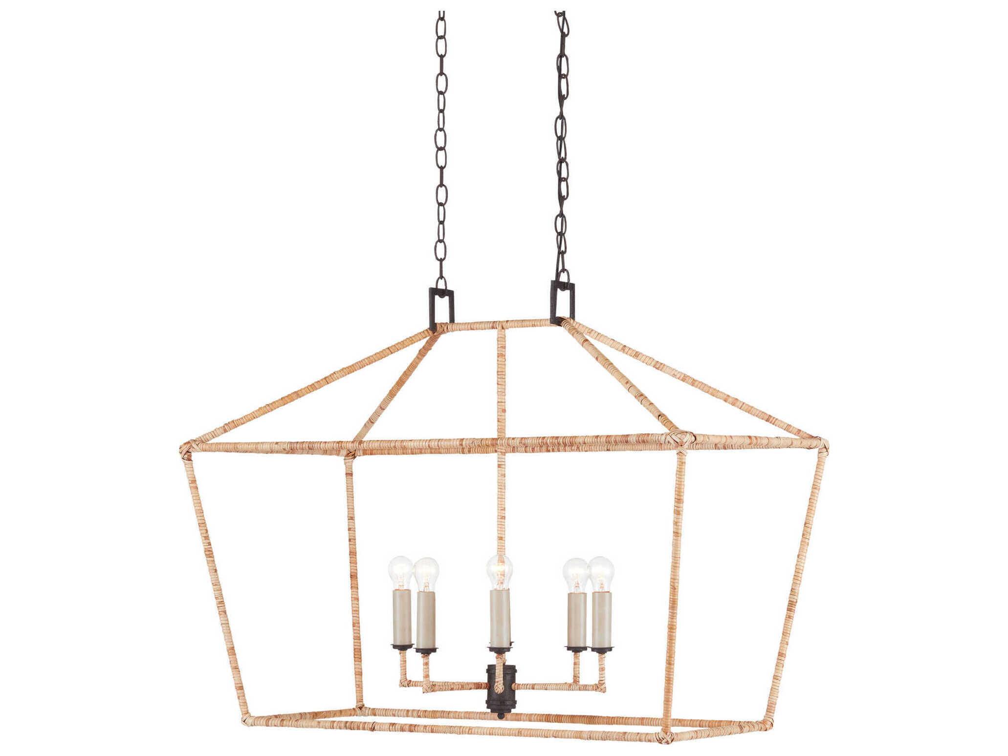 Currey & Company Denison 6-Light Mole Black Natural Rattan Brown Island Pendant