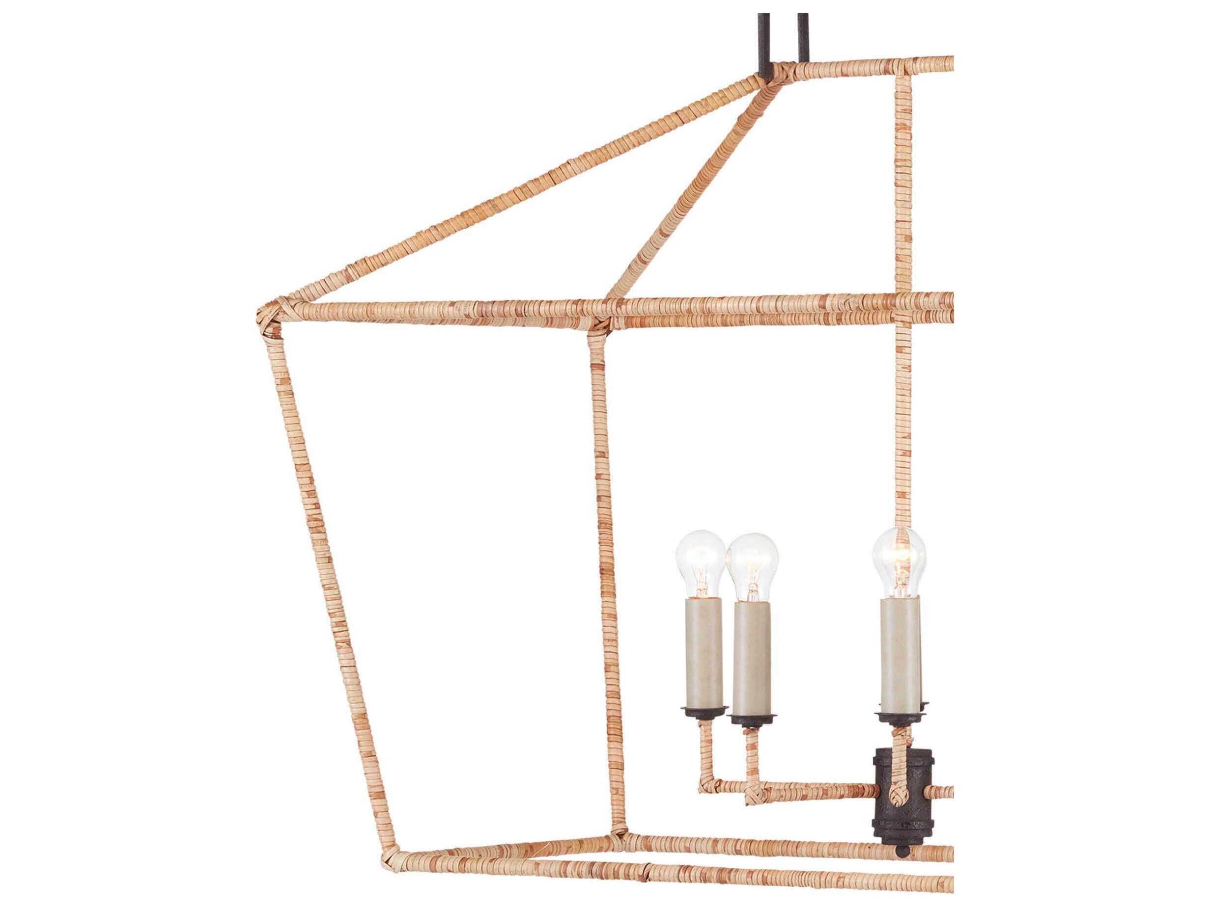 Currey & Company Denison 6-Light Mole Black Natural Rattan Brown Island Pendant