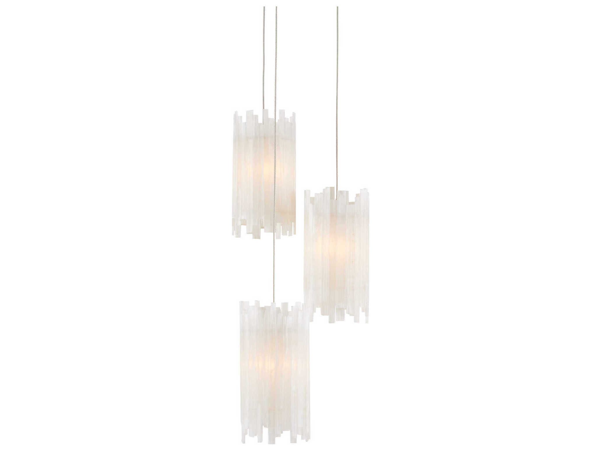 Currey & Company Escenia 3-Light Natural Painted Silver Crystal Glass Cylinder Mini Pendant