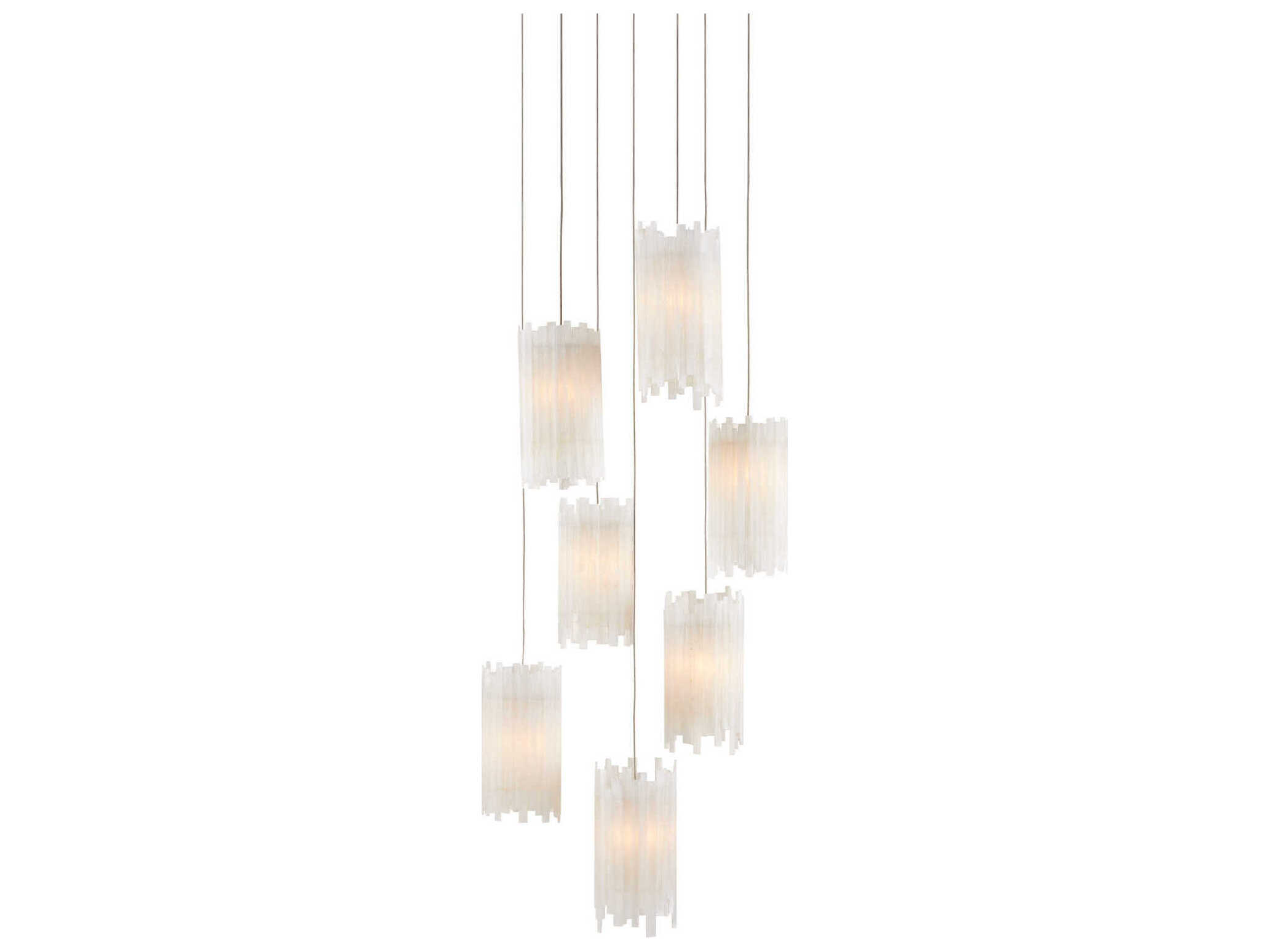 Currey & Company Escenia 7-Light Natural Painted Silver White Crystal Glass Cylinder Pendant